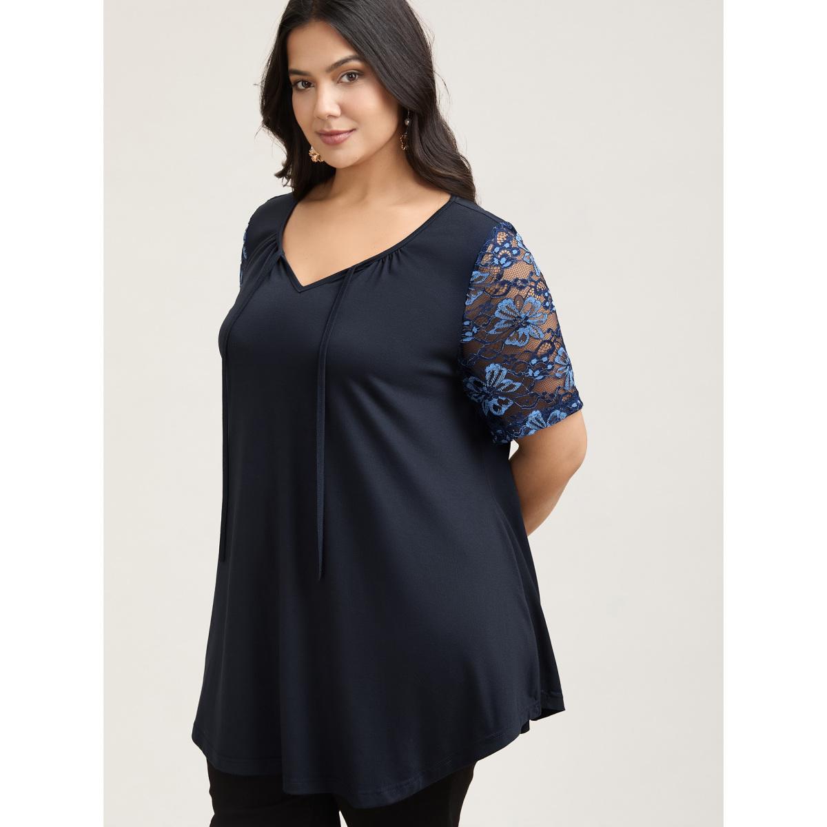 Plus Size Dual-Tone Lace Neck Tie Relaxed T-Shirt Indigo Women Elegant Tie knot V-neck Loose Everyday T-shirts BloomChic 18-20/2X Product Image