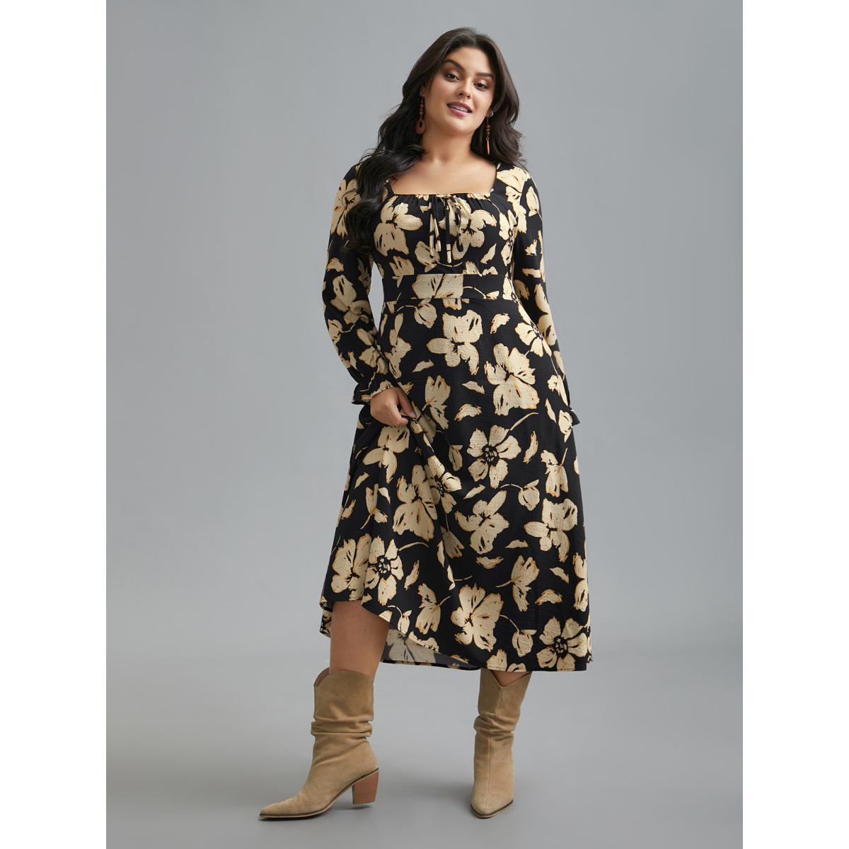 Plus Size Square Neck Silhouette Flower Ruffled Dress Black Women Resort Tie knot Square Neck Long Sleeve Curvy BloomChic 18-20/2X Product Image