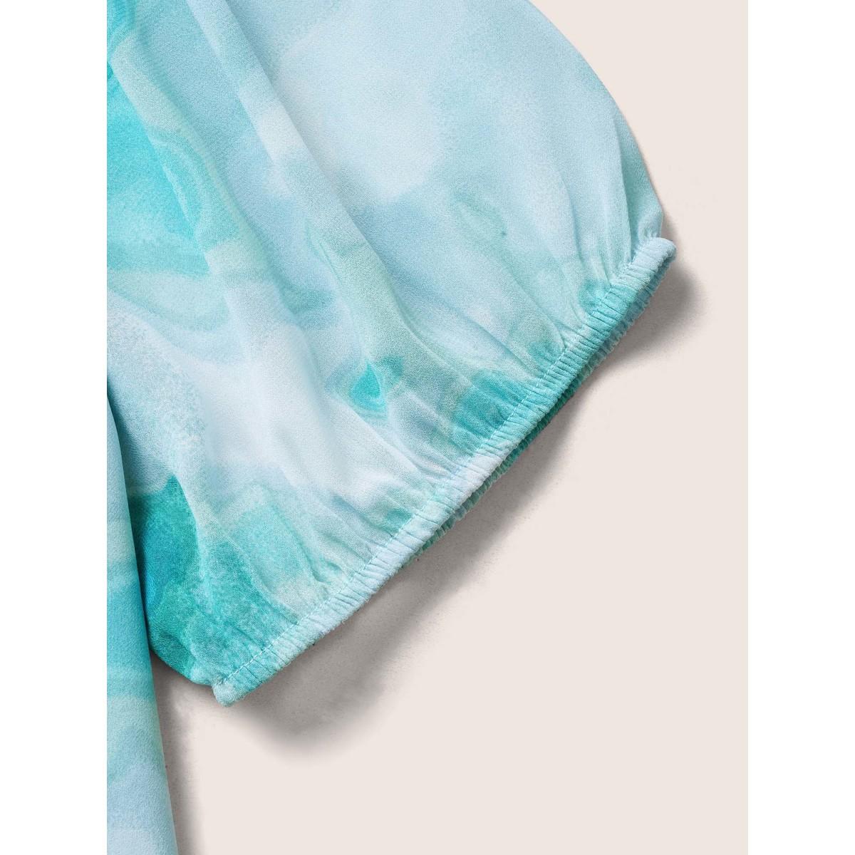 Plus Size Turquoise Synthetic Texture Raglan Sleeve Gathered Blouse Women Elegant Short sleeve V-neck Everyday Blouses BloomChic 10/M Product Image