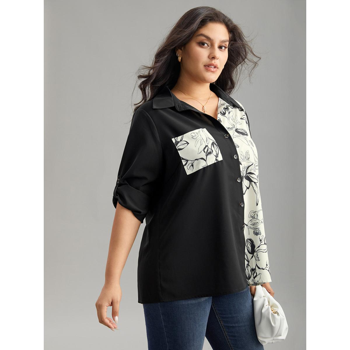 Plus Size Black Silhouette Floral Print Twill Shirt Collar Contrast Blouse Women Office Long Sleeve Shirt collar Work Blouses BloomChic 12/L Product Image