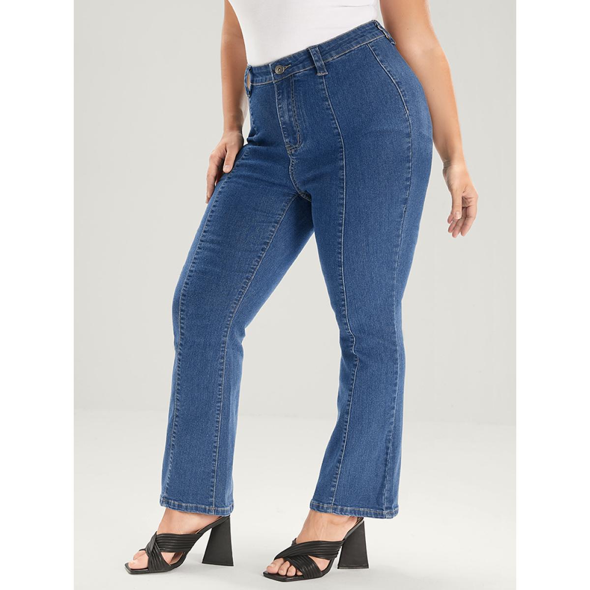 Plus Size Flare Leg Very Stretchy Mid Rise Medium Wash Jeans Women Blue Elegant Plain Patchwork High stretch Pocket Jeans BloomChic 28/5X Product Image
