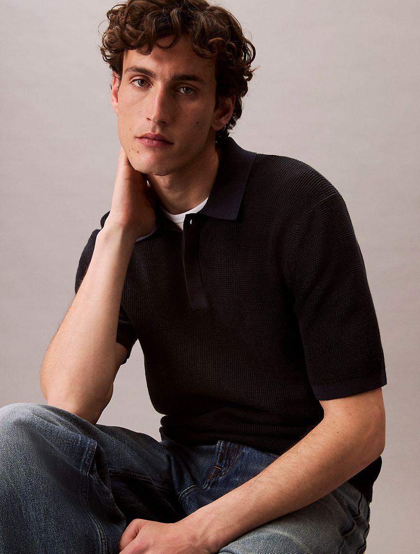 Smooth Cotton Waffle Sweater Polo Shirt Product Image