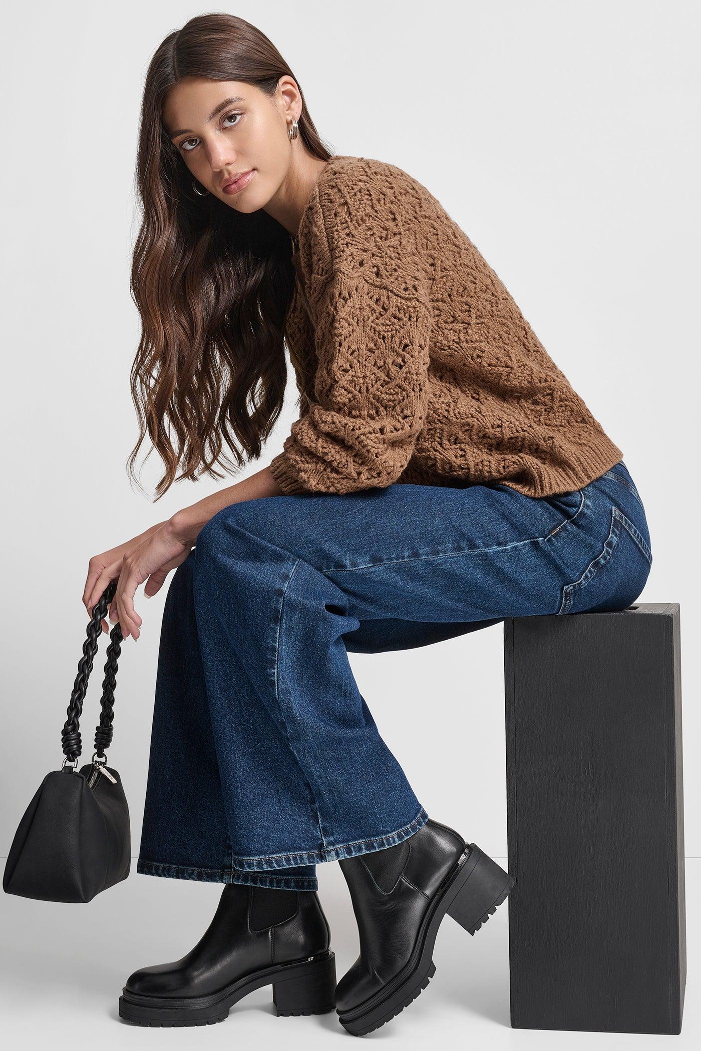 POINTELLE STITCH LONG SLEEVE CREW NECK SWEATER Product Image