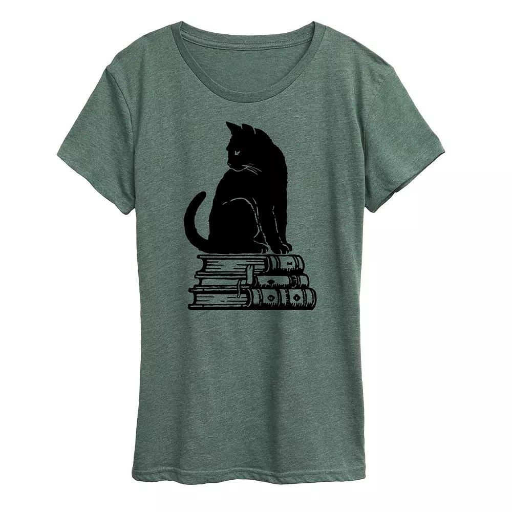 Women's Black Cat on Books Graphic Tee, Girl's,  Product Image