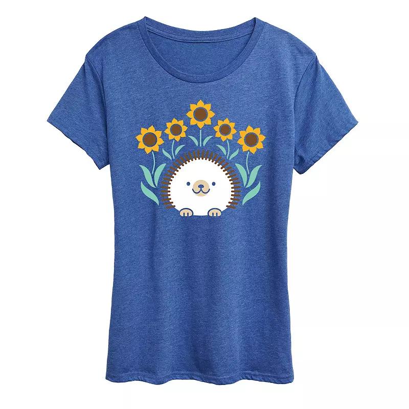 Womens Scandinavian Hedgehog And Sunflowers Oversized Tee Grey Royal Blue Product Image