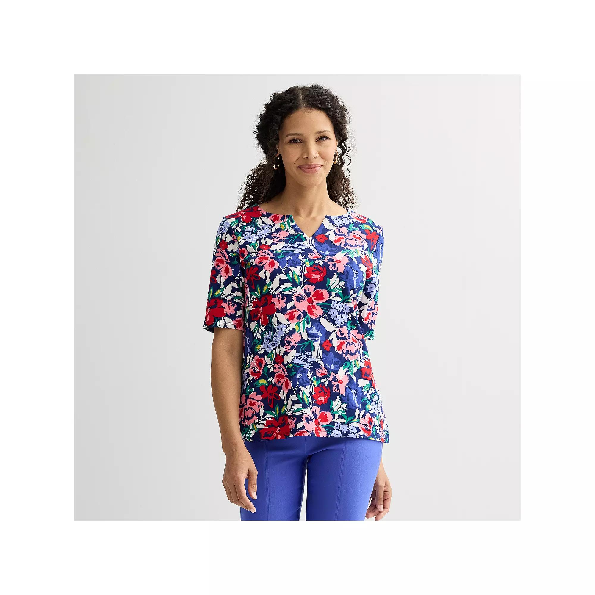 Women's Croft & Barrow® Elbow-Sleeve Splitneck Top, Size: Large, Blue Exploded Floral Product Image