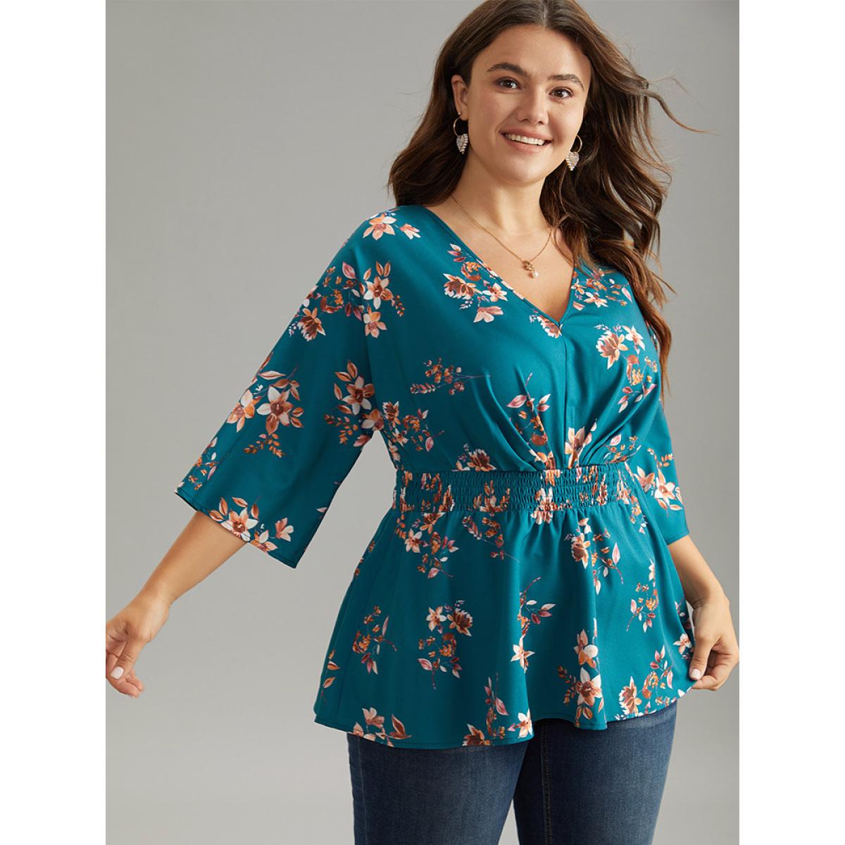 Plus Size Aegean Floral Print Shirred Plicated Detail Blouse Women Elegant Elbow-length sleeve V-neck Dailywear Blouses BloomChic 28/5X Product Image