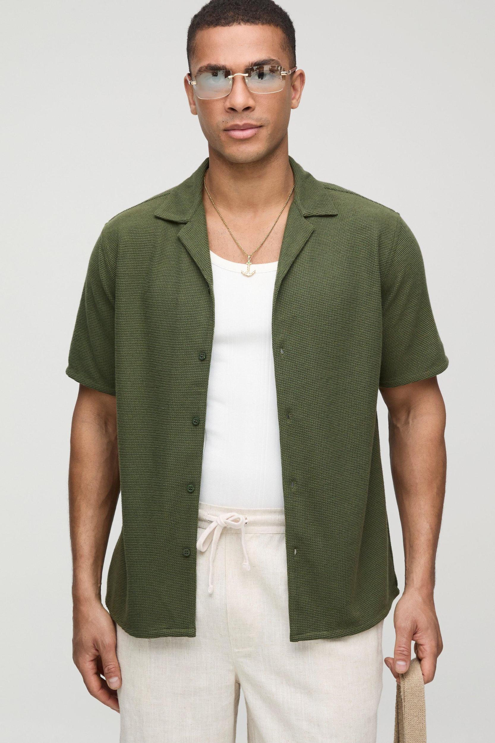 Regular Fit Honeycomb Waffle Revere Shirt | boohooMAN USA Product Image