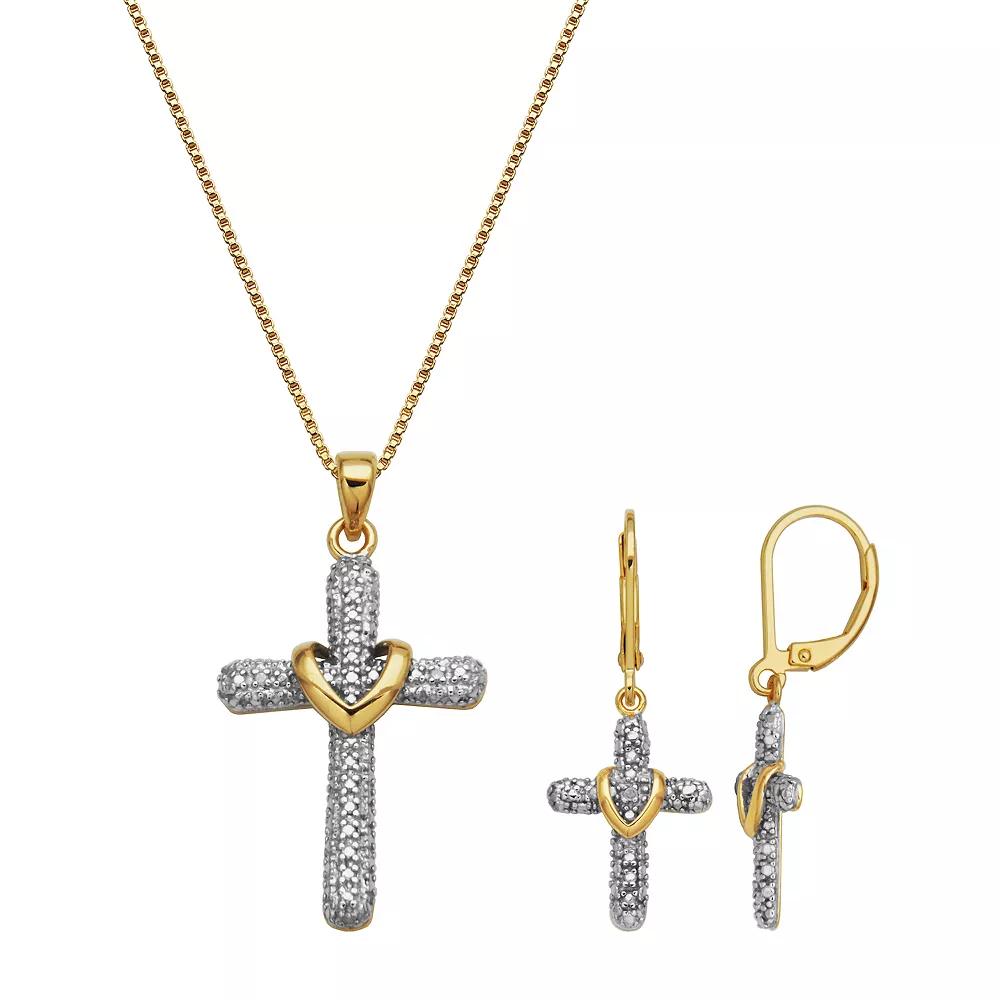 18K Gold Over Sterling Silver Diamond Accent Cross Earrings and Pendant Necklace Set, Women's, Size: 18", Gold Tone Product Image