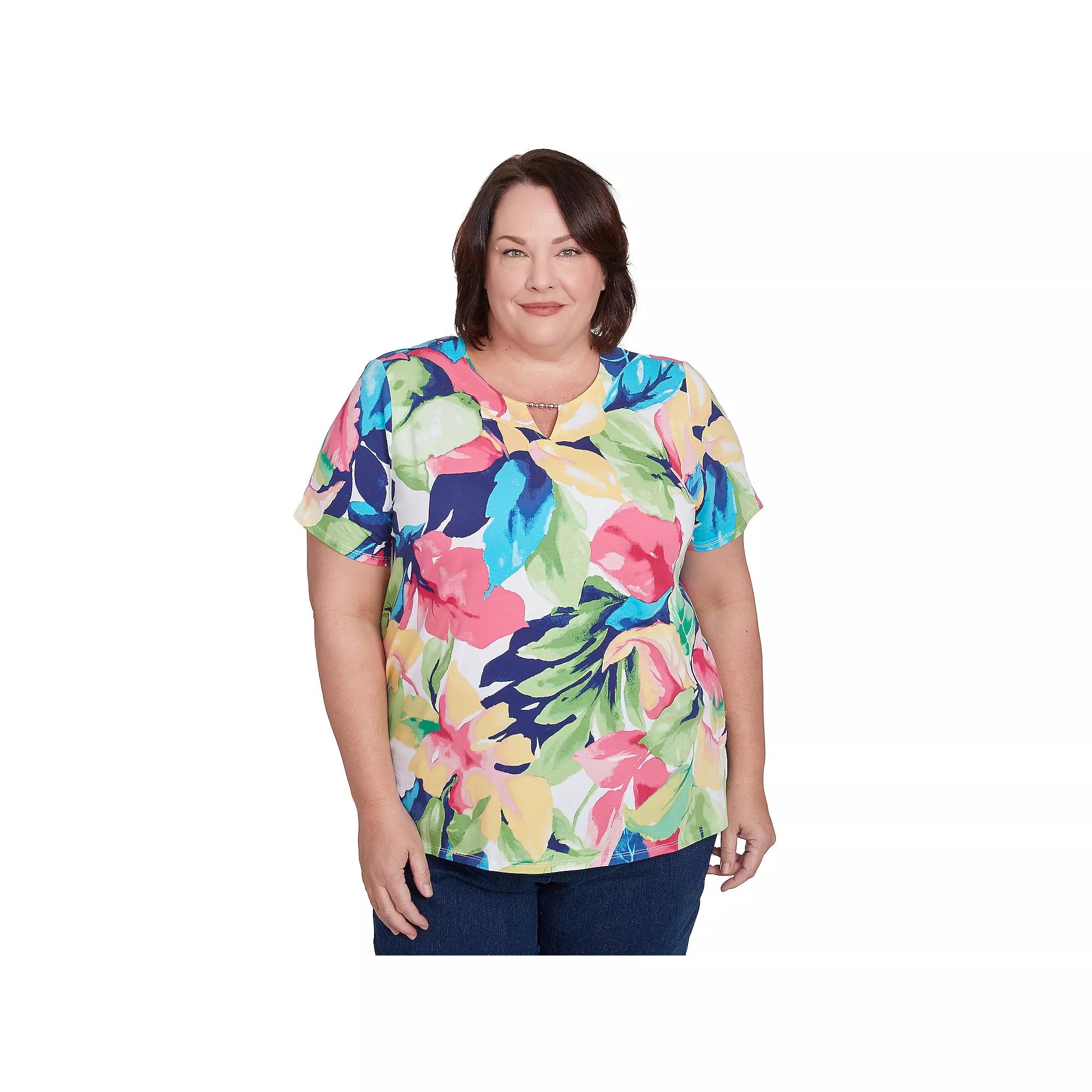 Plus Size Alfred Dunner Tropical Leaf Beaded Splitneck Top, Women's, Size: 1XL, Bright Product Image