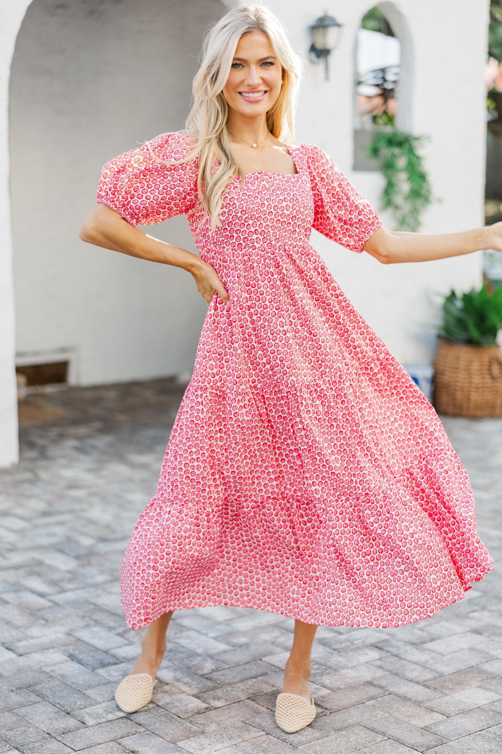 Answer The Call Pink Ditsy Floral Midi Dress Female Product Image