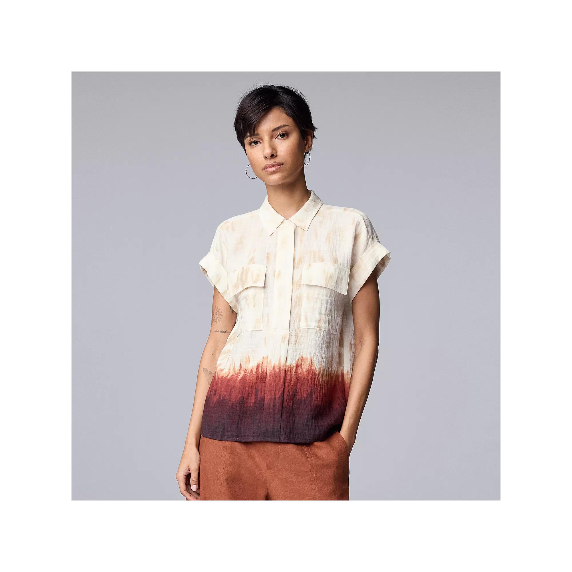 Women's Simply Vera Vera Wang Short Sleeve Linen Shirt, Size: Medium, Brown Dip Texture Dye Product Image