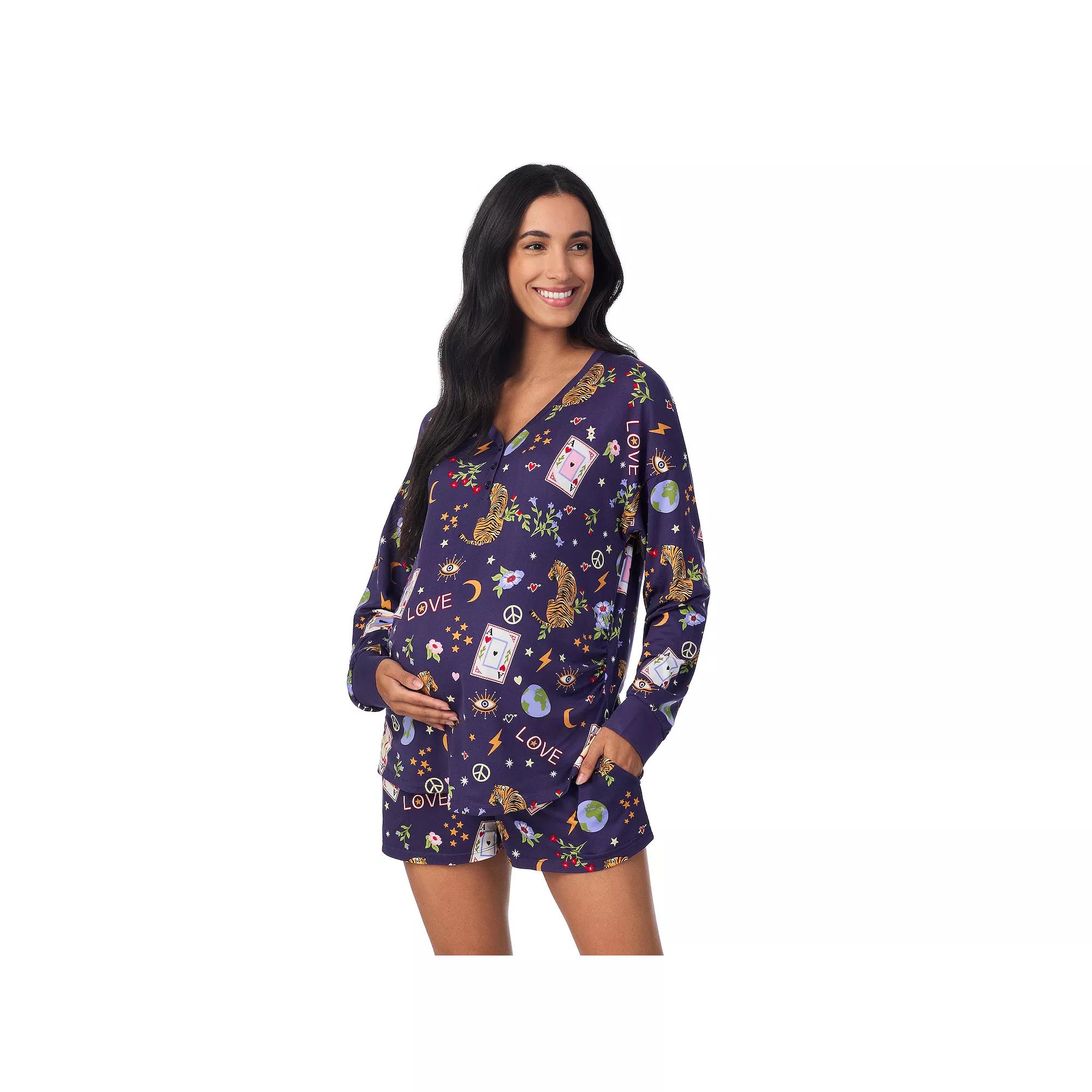 Maternity Beauty Sleep Social Long Sleeve Henley Pajama Top & Pajama Shorts Set, Women's,  Product Image