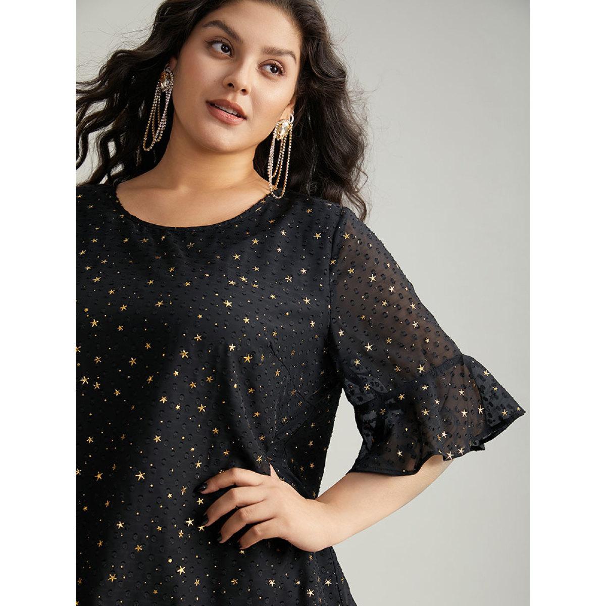 Plus Size Black Star Glitter Flutter Sleeve Mesh Blouse Women Glamour Half Sleeve Round Neck Festival-Christmas Blouses BloomChic 14-16/1X Product Image