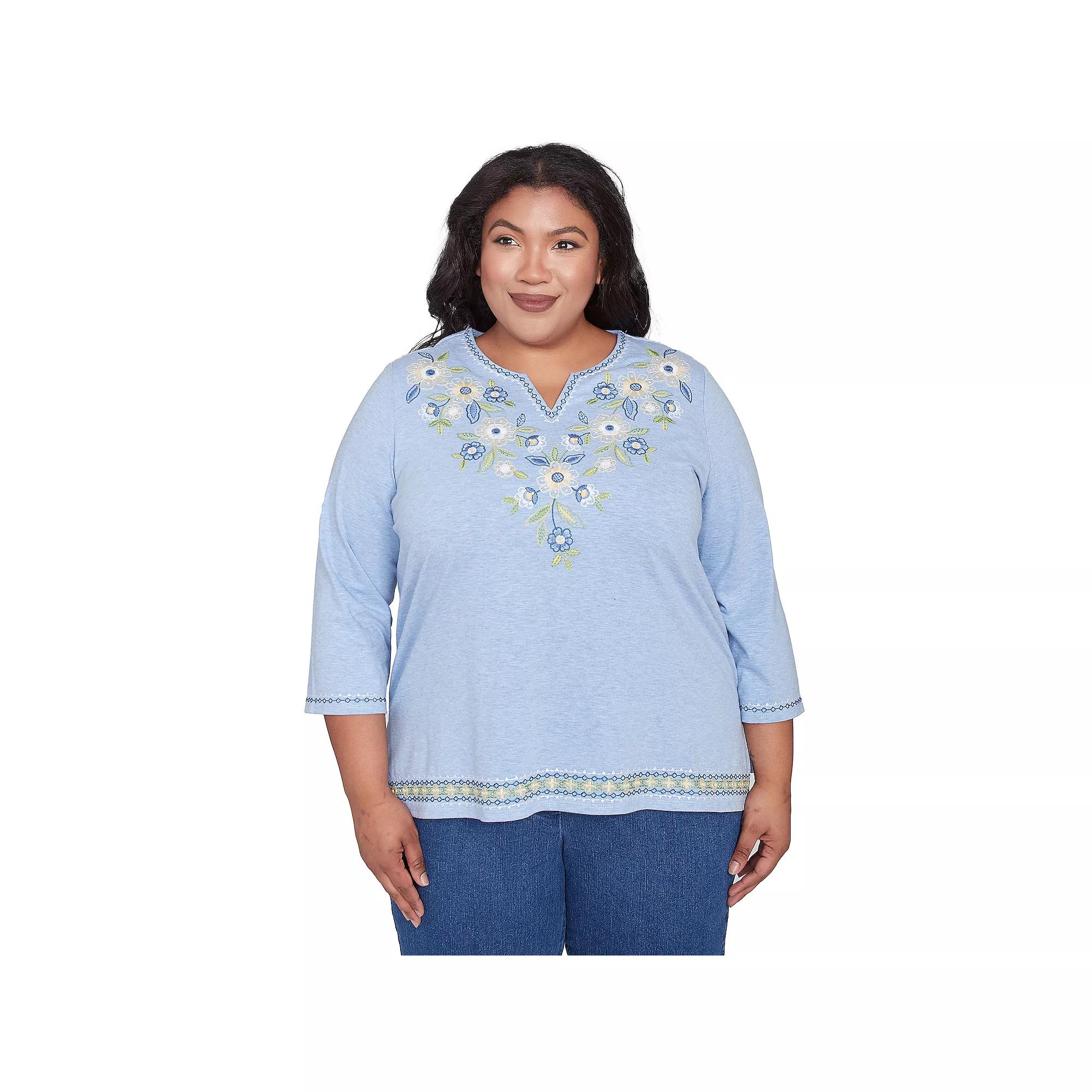 Plus Size Alfred Dunner Embroidered Daisy Split Neckline Top, Women's, Size: 3XL, Blue Product Image