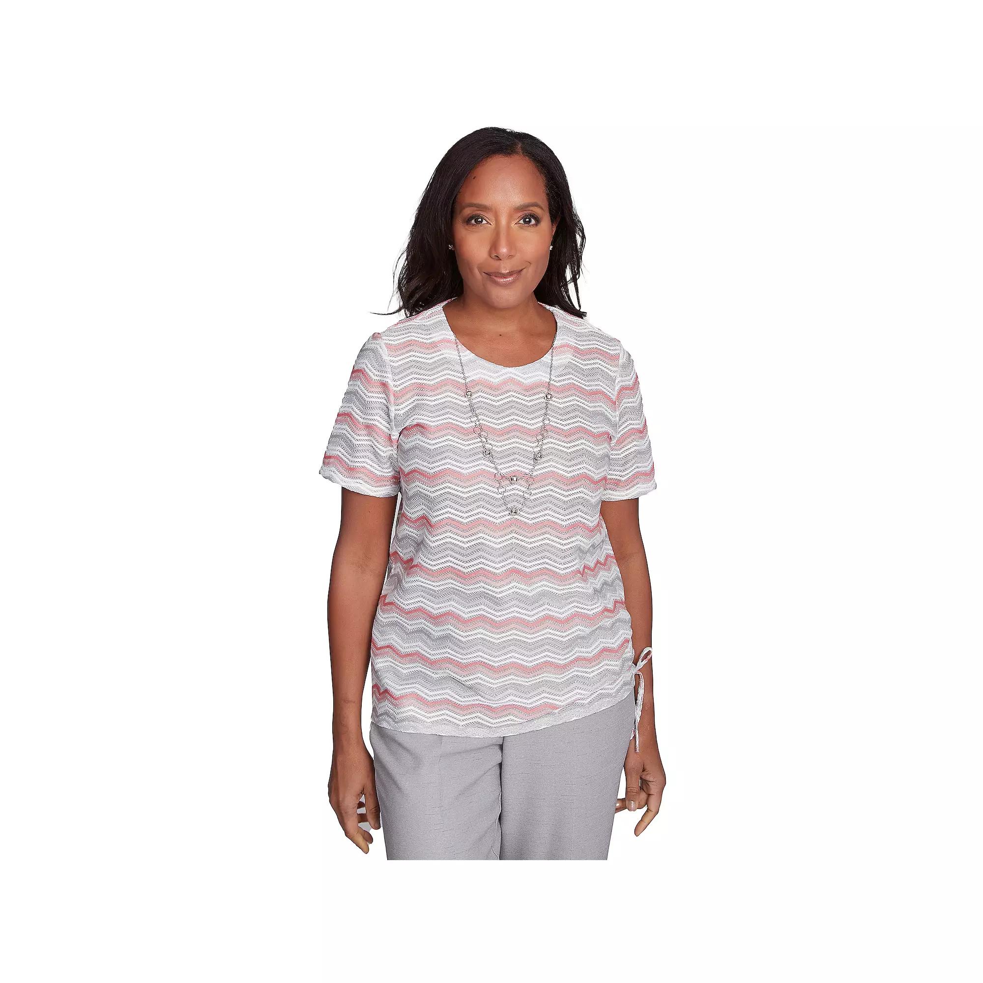 Petite Alfred Dunner Chevron Shimmer Tee with Necklace, Women's, Size: XL Petite, Pink Team Product Image