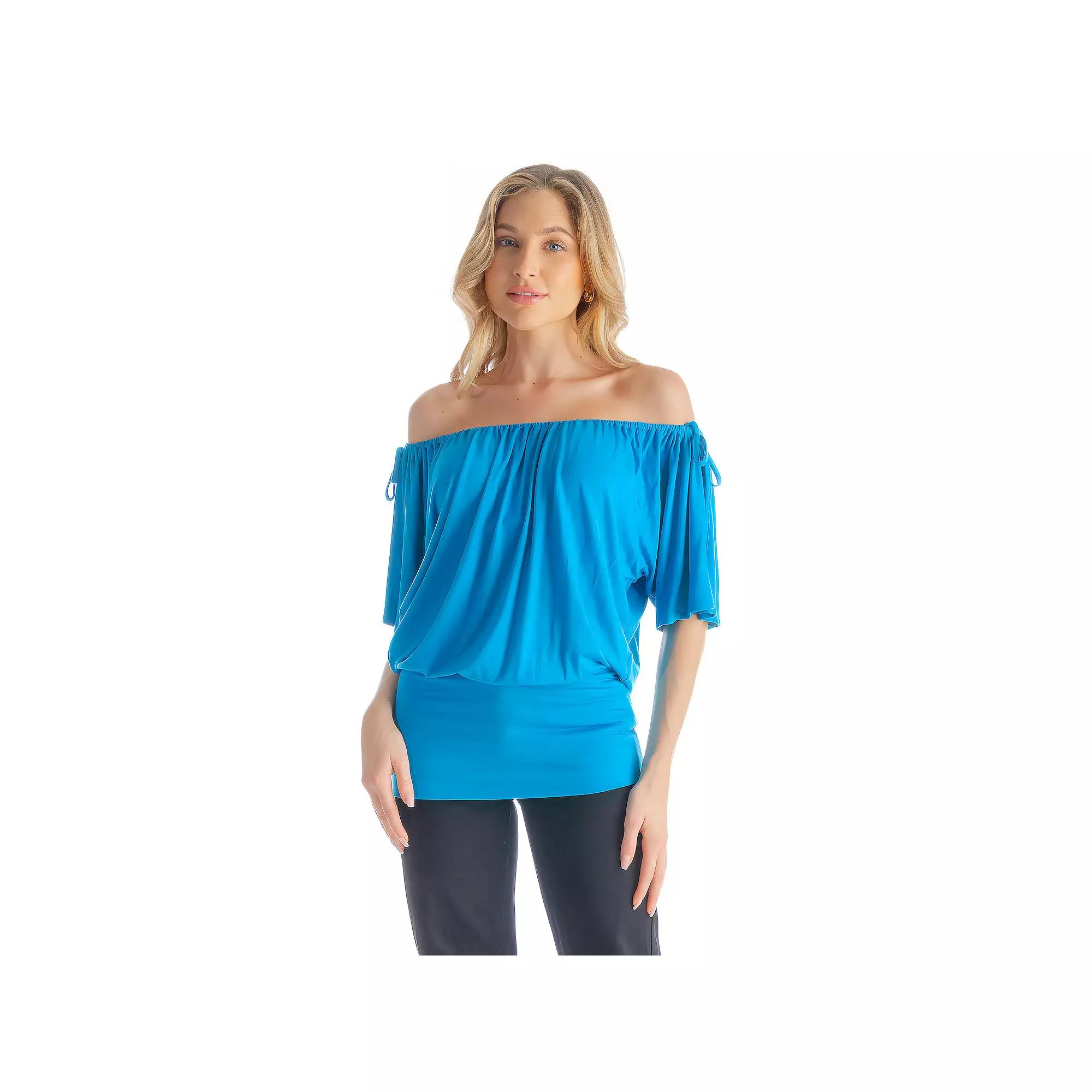 Women's 24Seven Comfort Apparel Solid Short Sleeve Split Shoulder Top,  Product Image