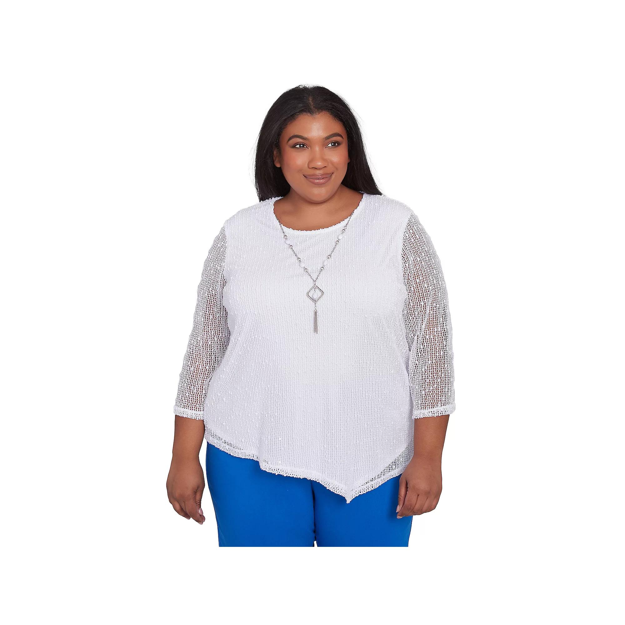 Plus Size Alfred Dunner Popcorn Mesh Top with Necklace, Women's, Size: 1XL, White Product Image