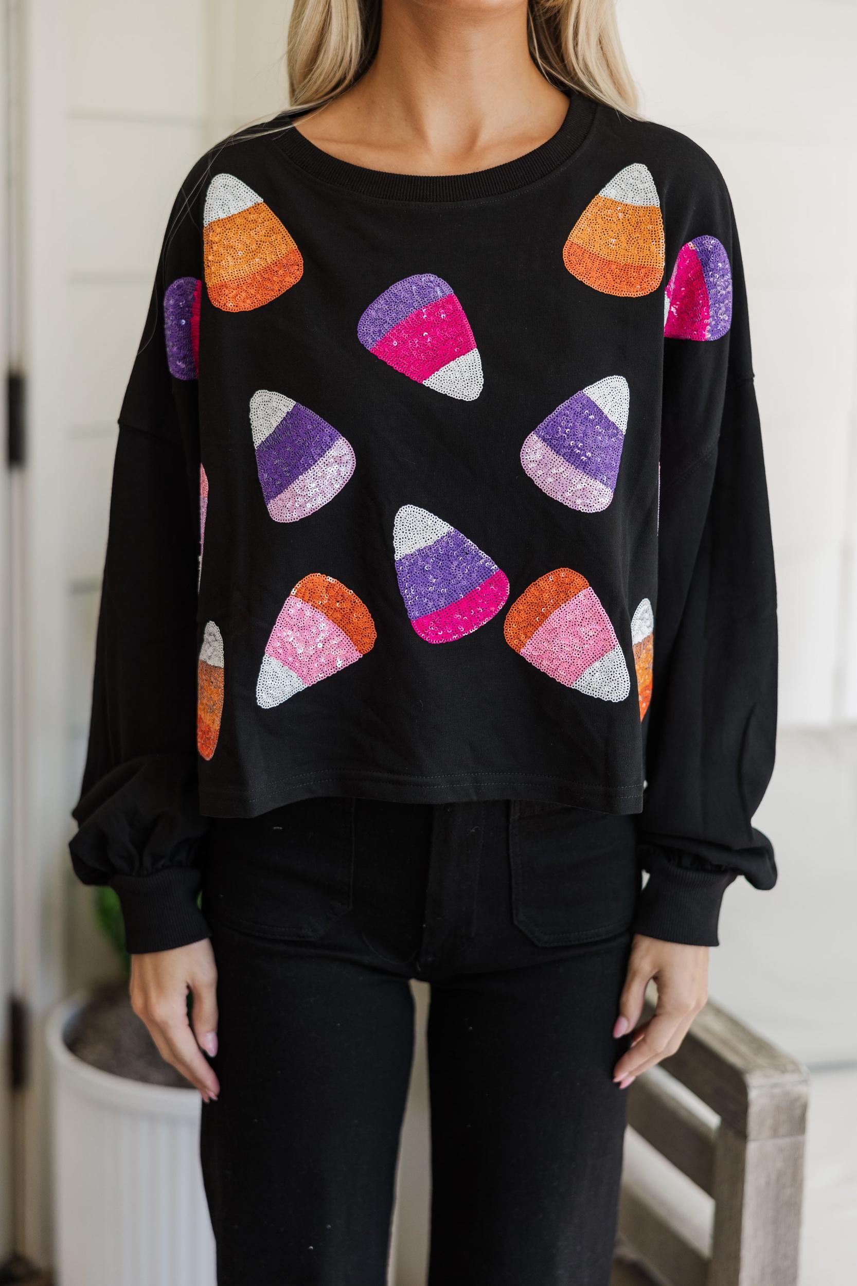 Candy Corn Craze Black Sequin Pullover Female Product Image