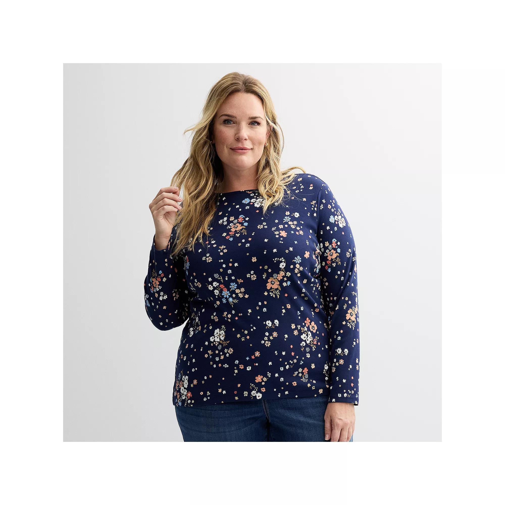 Plus Size Croft & Barrow® Essential Crewneck Long Sleeve Tee, Women's, Size: 1XL, Pink Open Garden Product Image