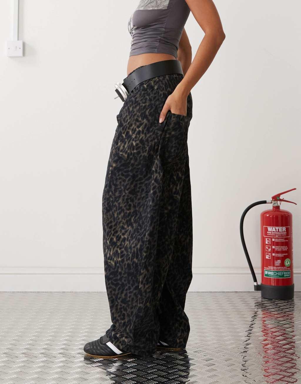 Reclaimed Vintage dark leopard print barrel leg pants Product Image