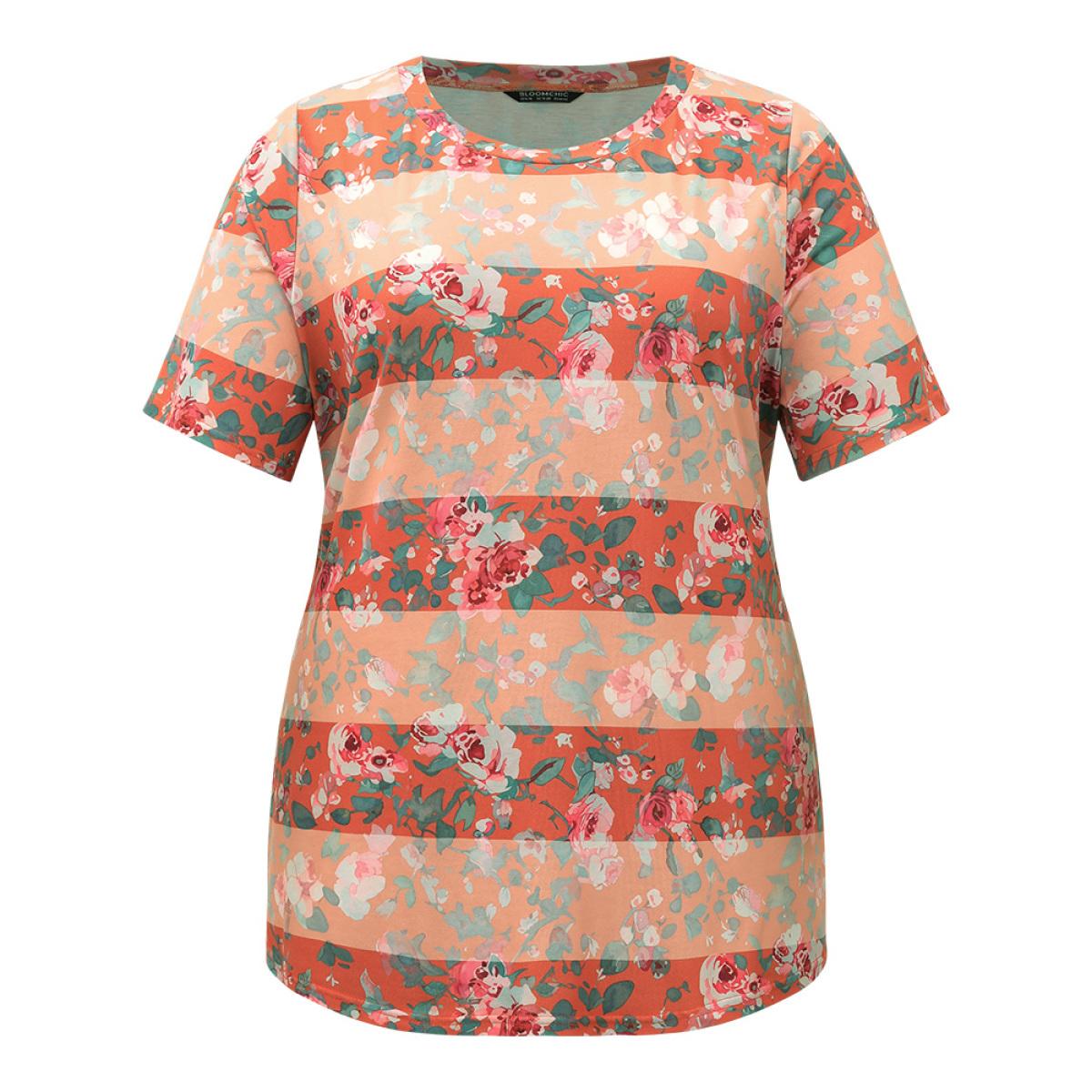 Plus Size Halloween Floral Print Striped Crew Neck T-shirt Multicolor Women Casual Printed Plants Round Neck Festival-Halloween T-shirts BloomChic 22-24/3X Product Image