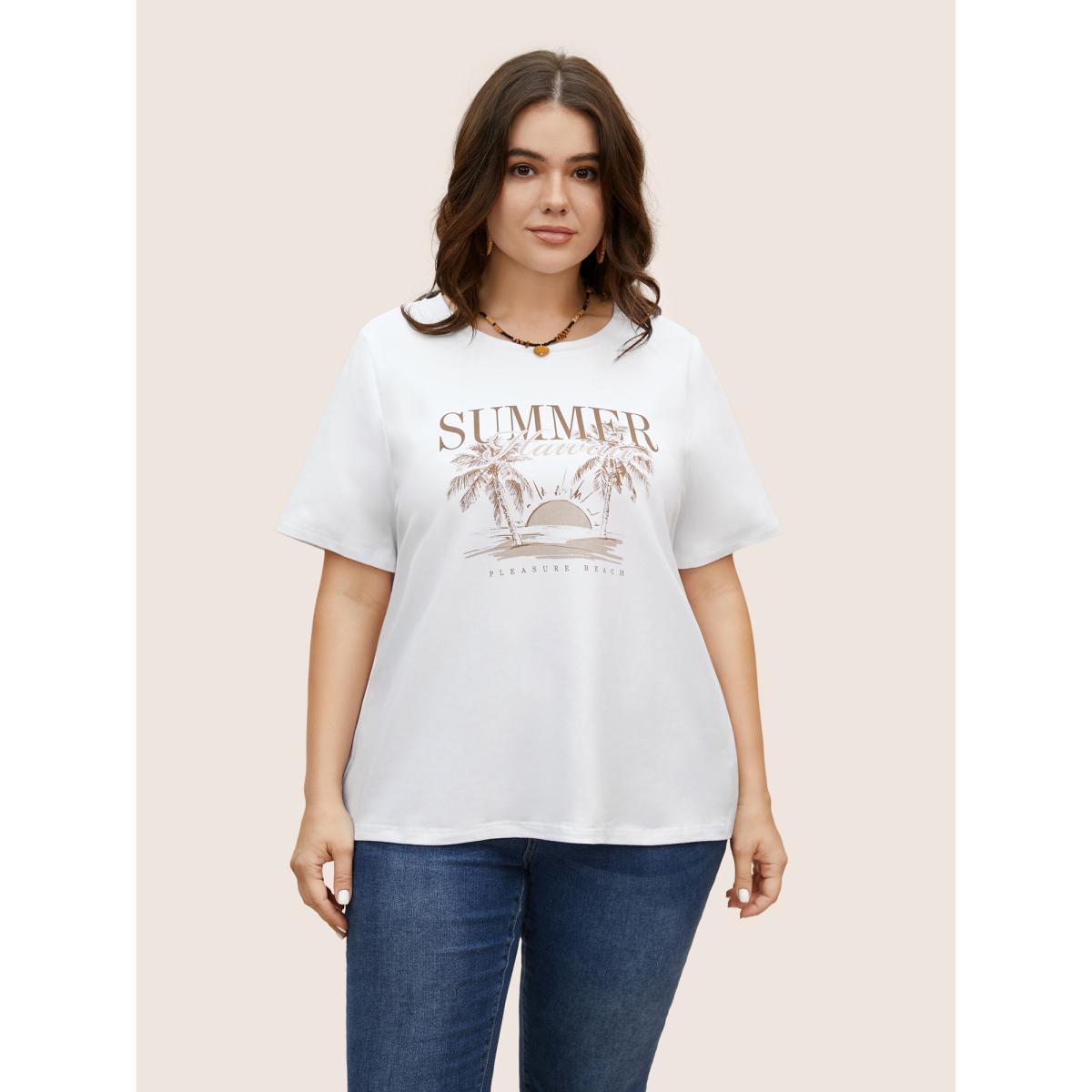 Plus Size Tropical Landscape Print Round Neck T-shirt Originalwhite Women Resort Contrast Round Neck Vacation T-shirts BloomChic 26/4X Product Image