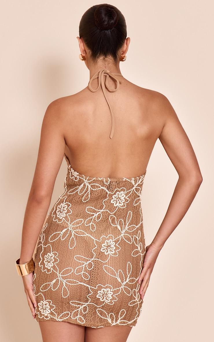 Tan Textured Floral Halterneck Low Back Bodycon Dress Product Image
