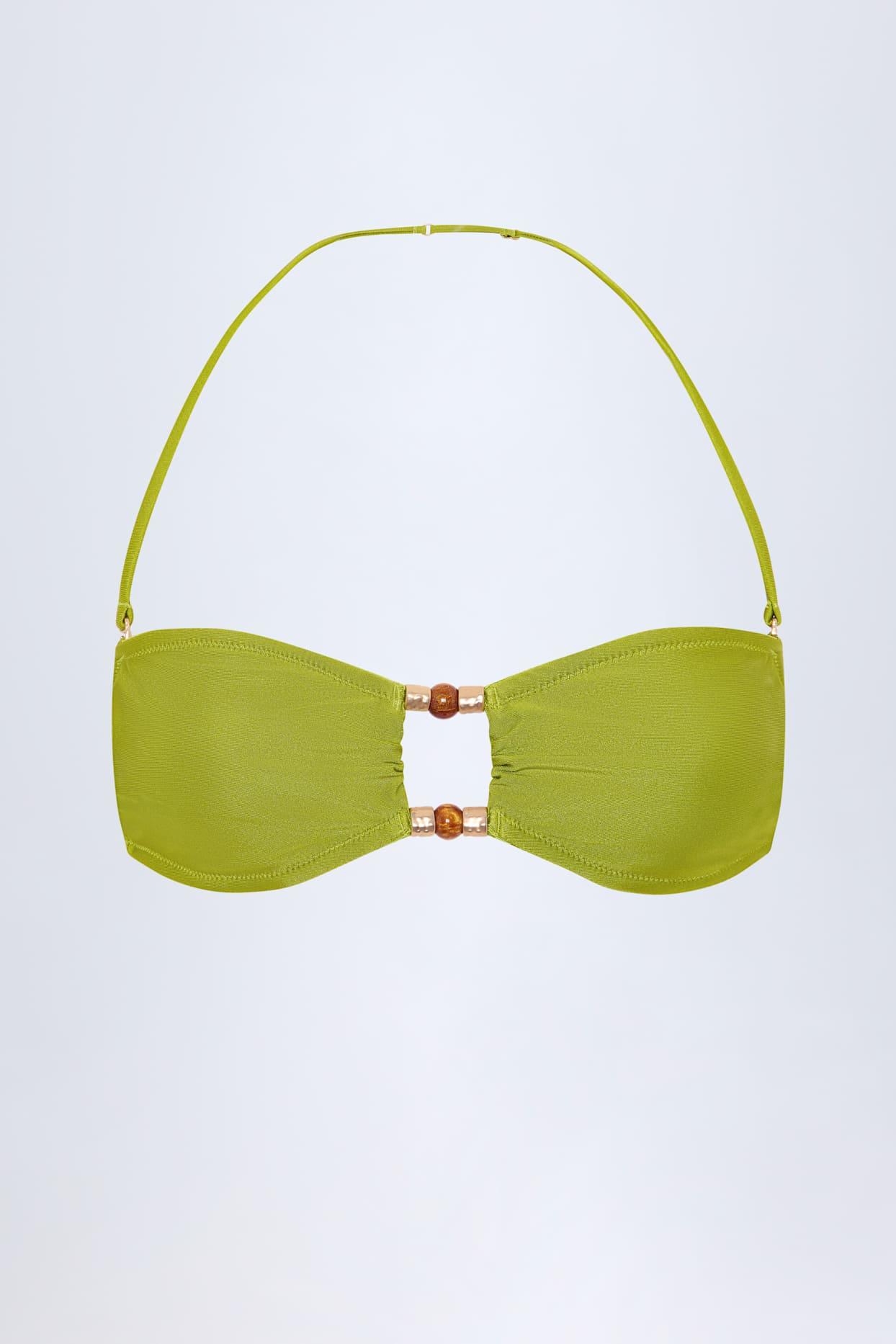 Bead-Embellished Bandeau Bikini Top in Olive Green Product Image