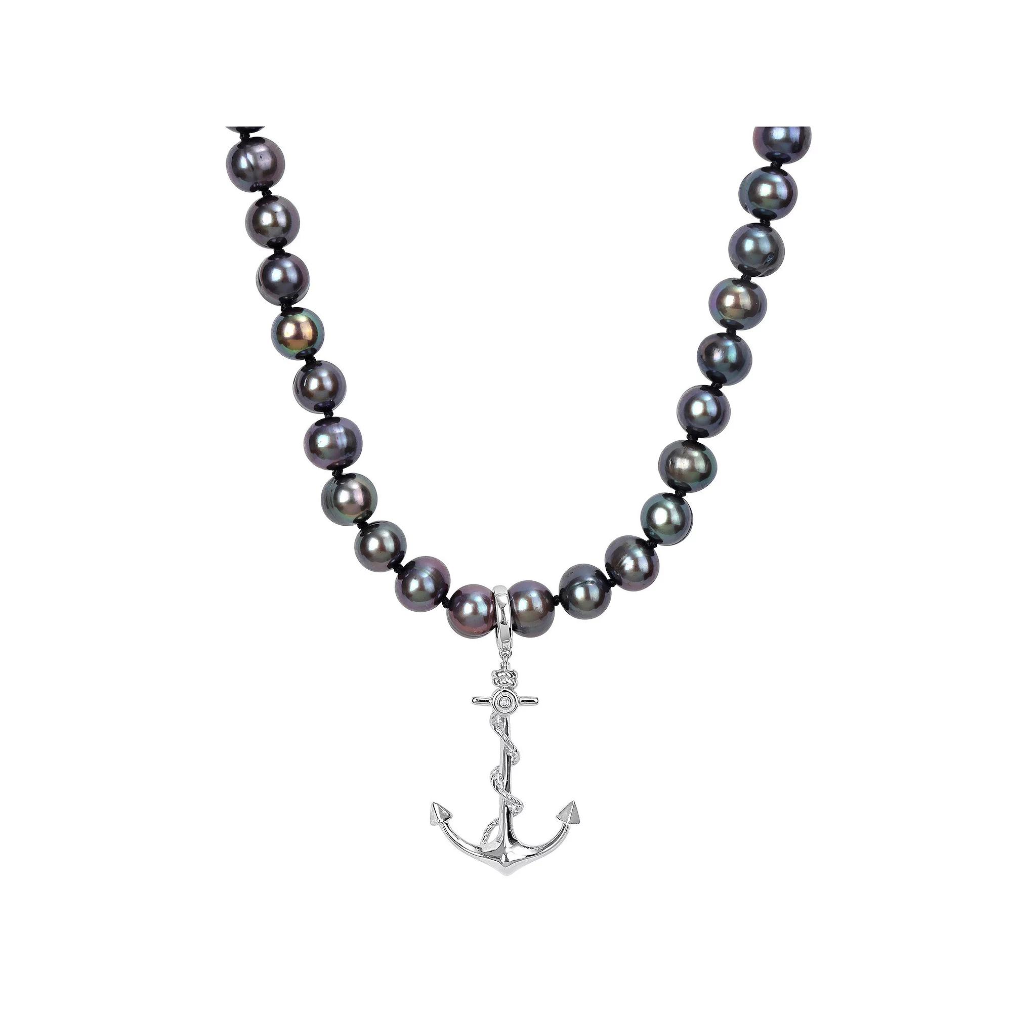 Stella Grace Men's Black Freshwater Cultured Pearl Strand & Anchor Charm Necklace,  Product Image