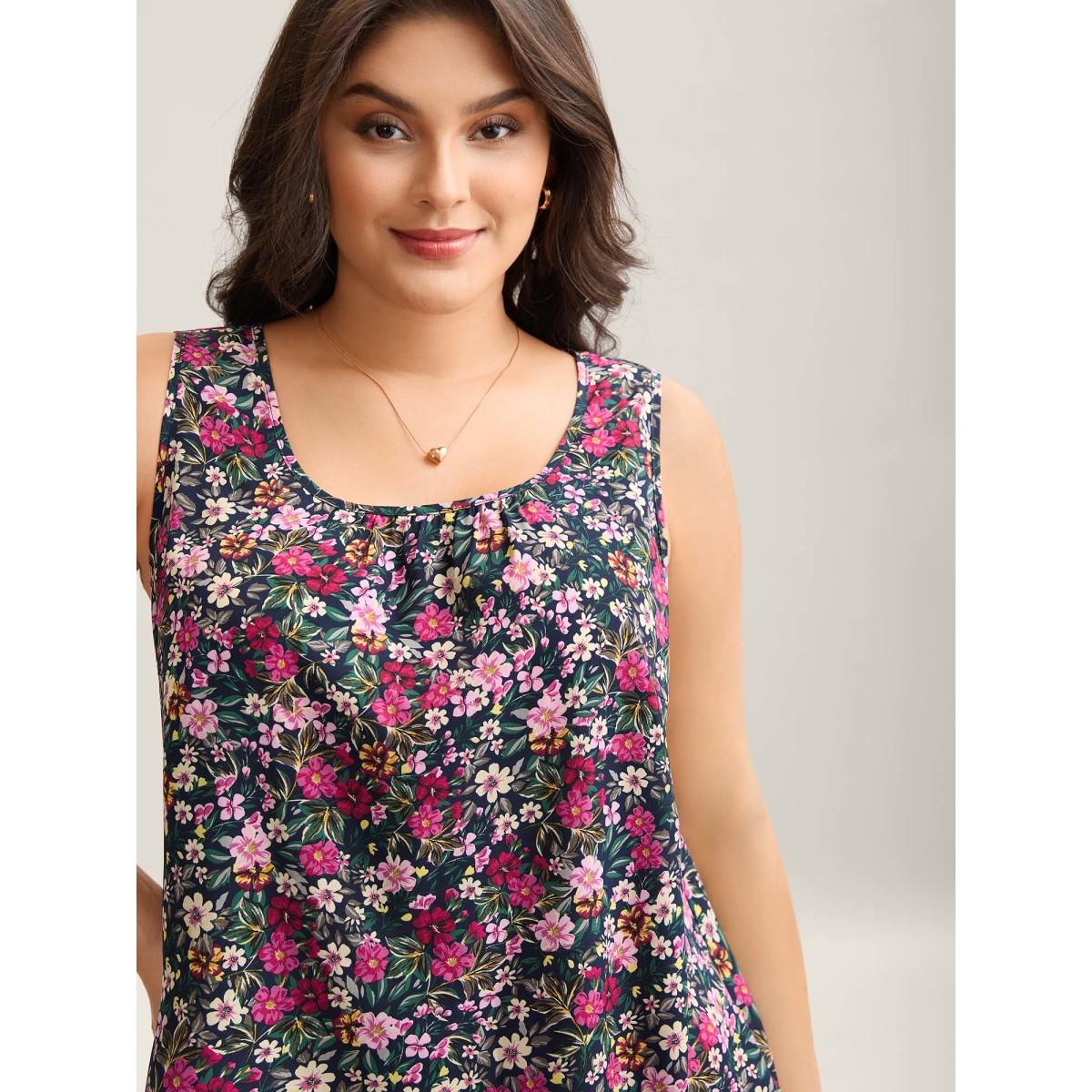 Plus Size Floral Print Pleated Neck Tank Top Women Midnight Timeless Gathered U-neck Elegant Tank Tops Camis BloomChic 30/6X Product Image