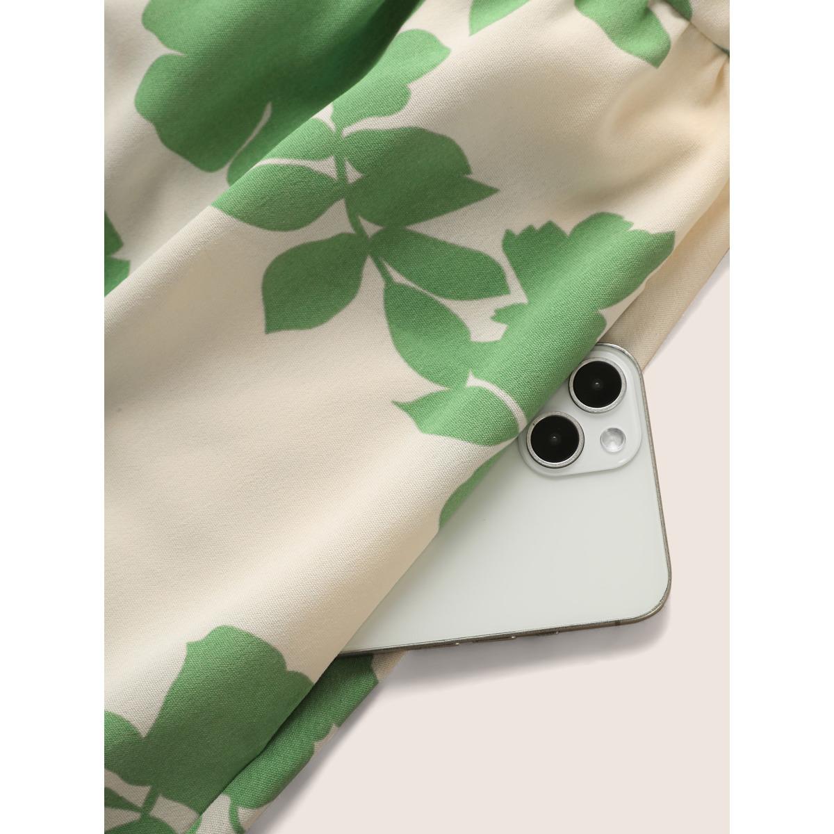 Plus Size Silhouette Floral Print Overlap Collar Lantern Sleeve Dress Mint Women Elegant Overlapping Overlap Collar Elbow-length sleeve Curvy Midi Dress BloomChic 30/6X Product Image