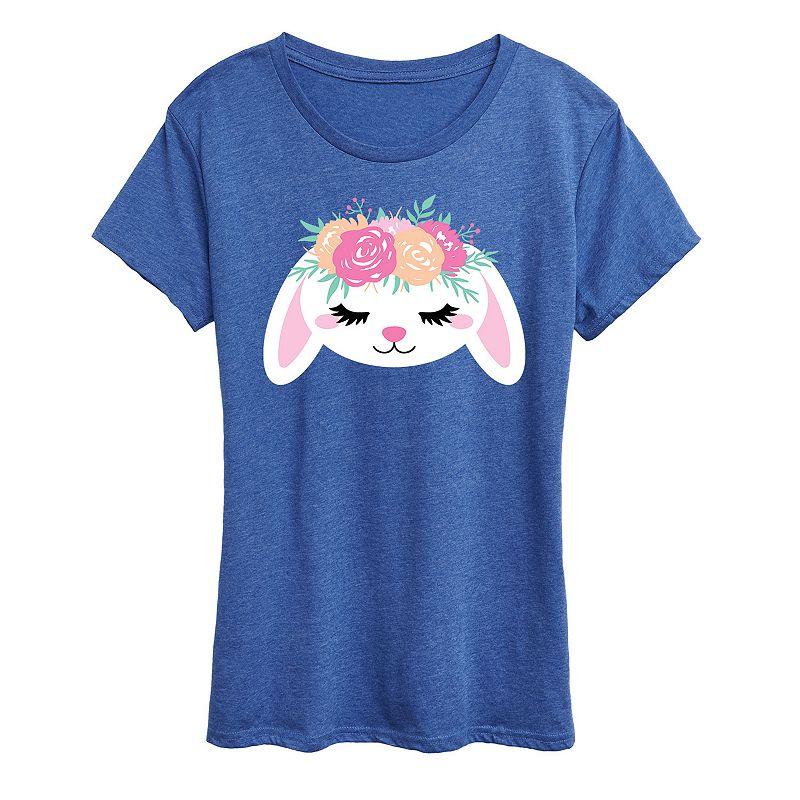 Womens Bunny Face With Flower Crown Graphic Tee Grey Royal Blue Product Image