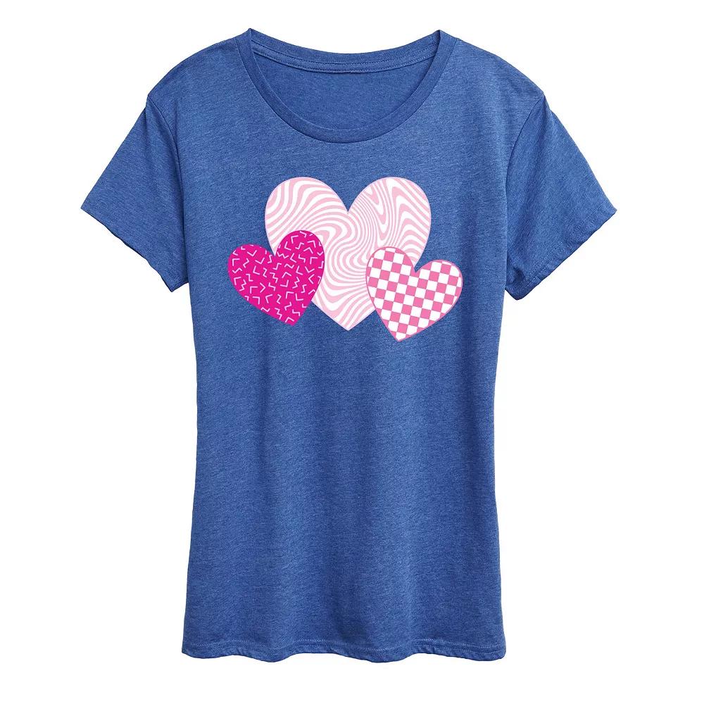 Women's Pink Retro Patterned Hearts Graphic Tee,  Product Image