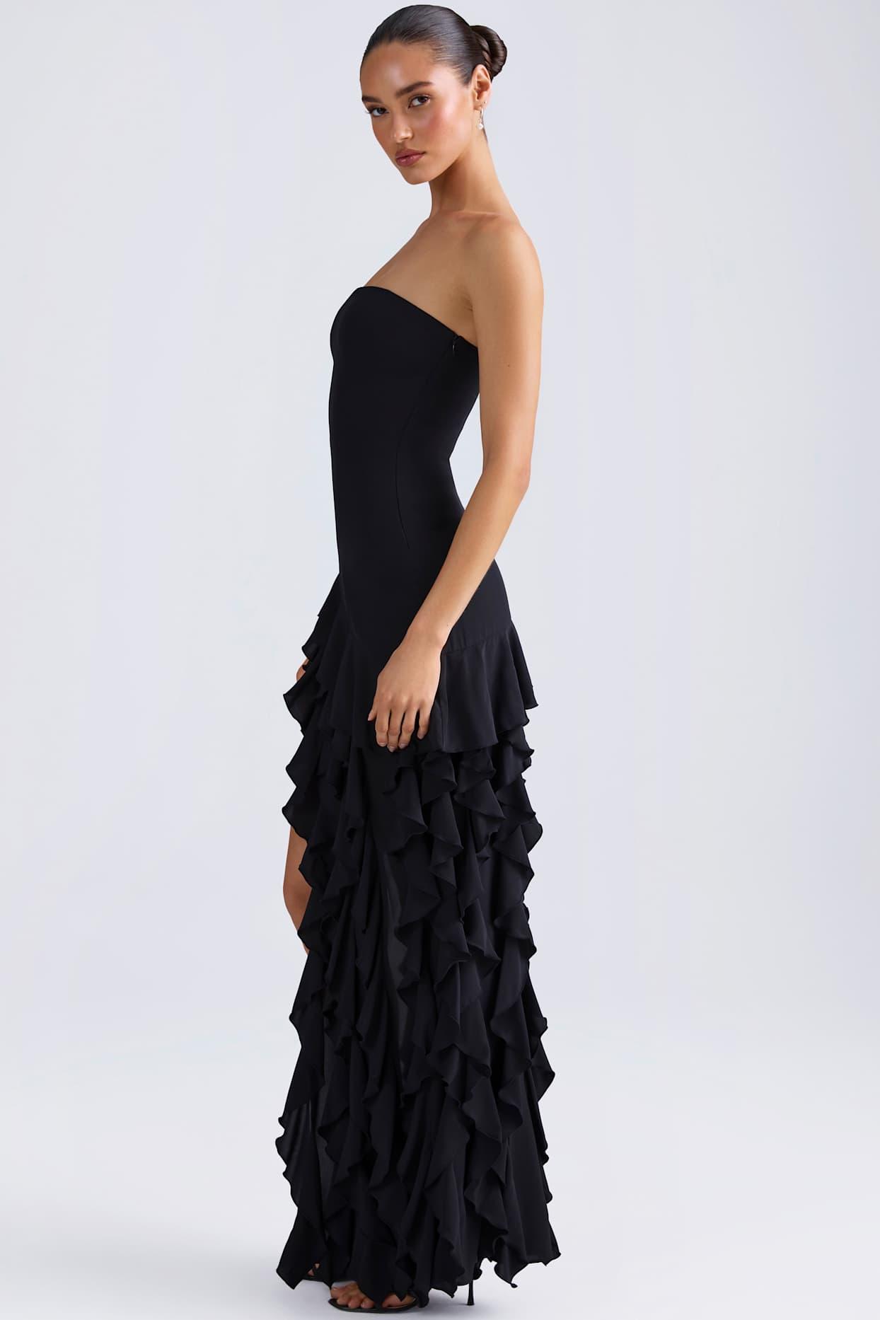 Ruffle-Trim Strapless Gown in Black Product Image