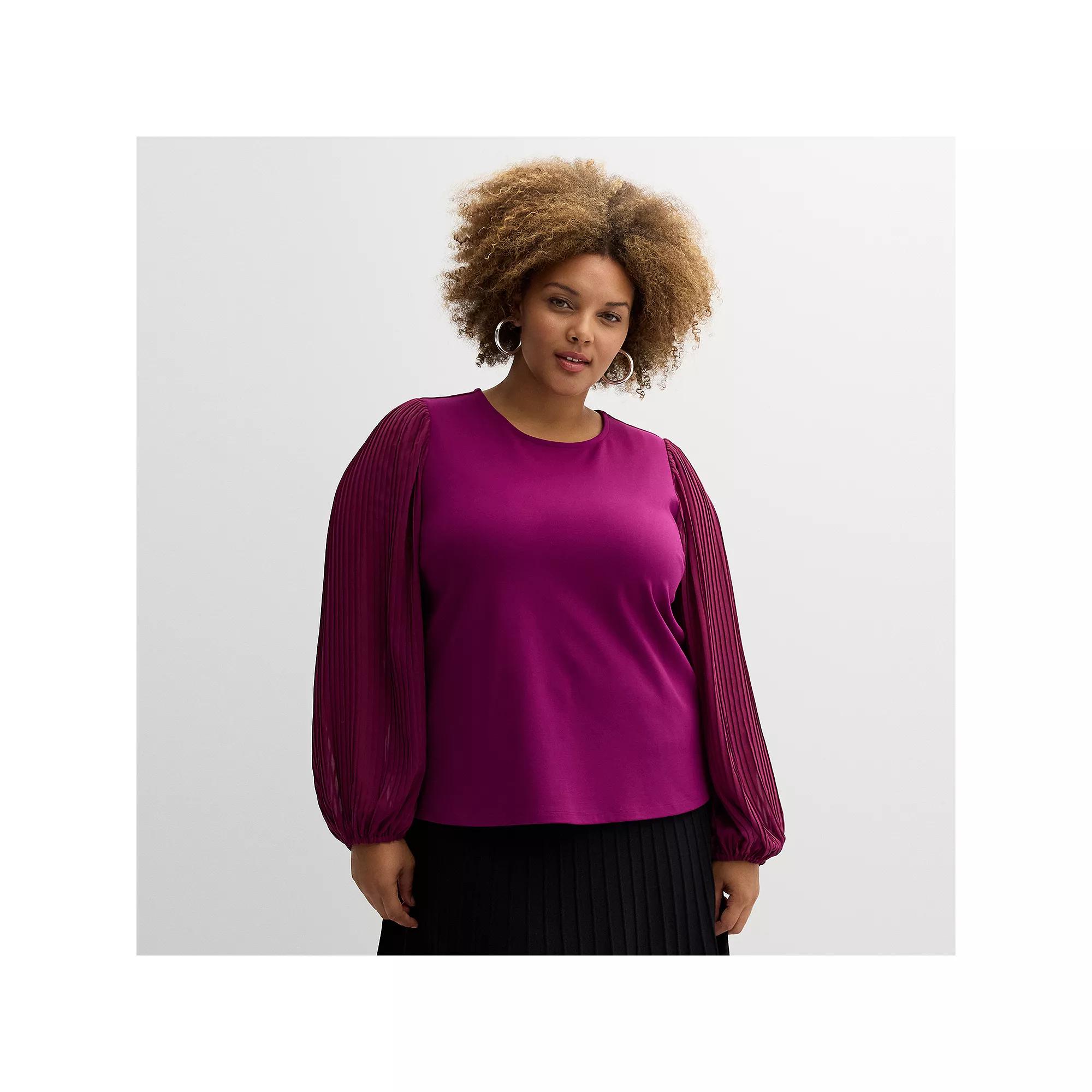Plus Size Nine West Mixed Long Puff Sleeve Crewneck Top, Women's, Size: 3XL, Australian Orchid Product Image
