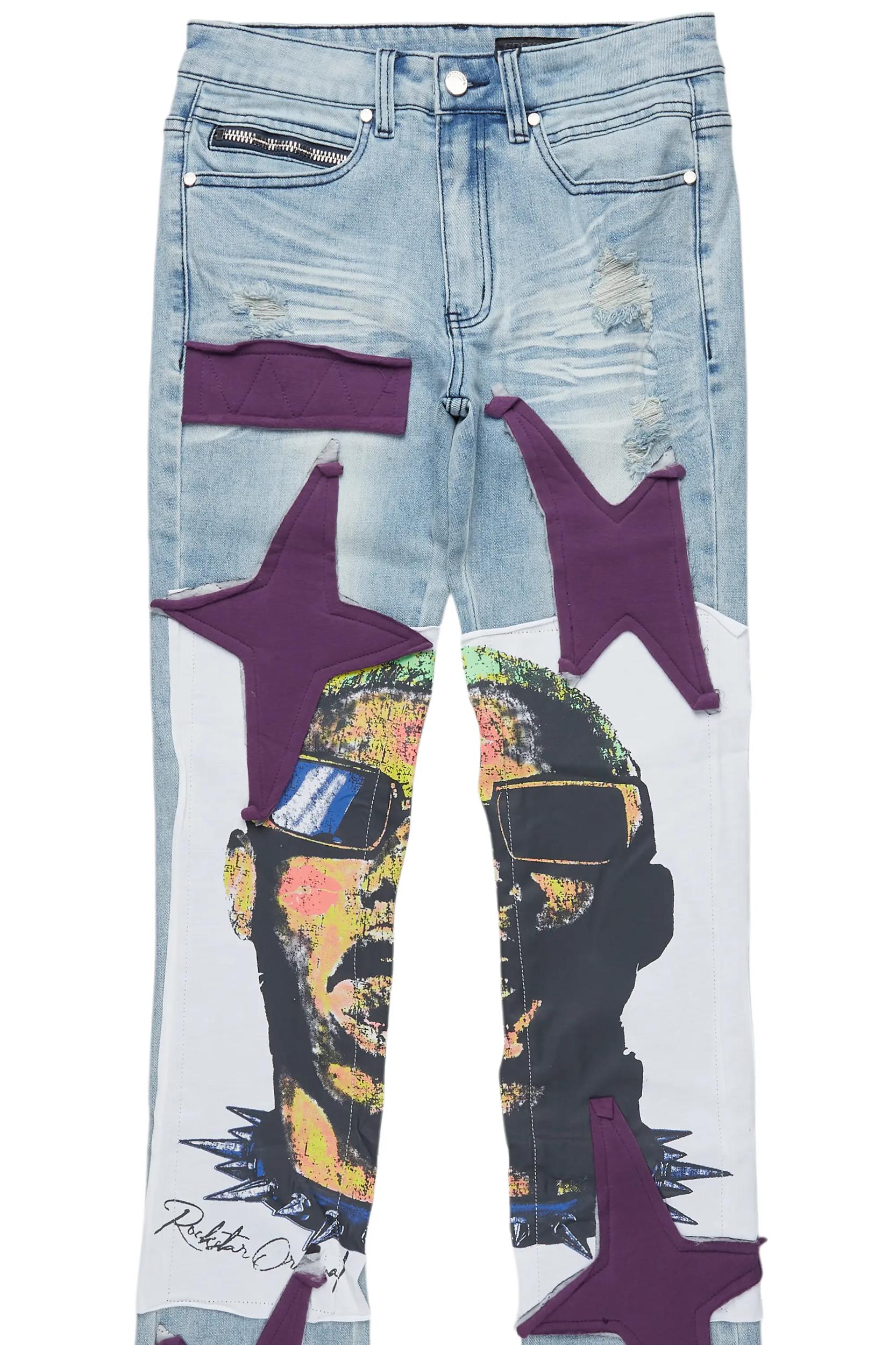 Savage Blue Patchwork Stacked Flare Jean Male Product Image