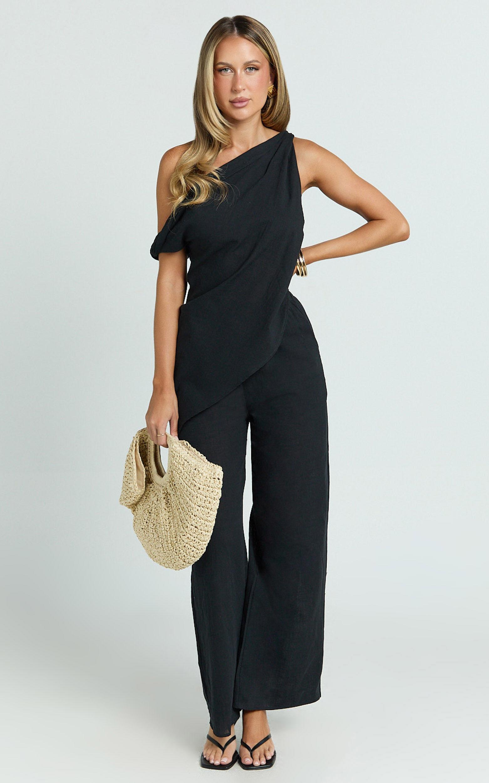 Annalie Two Piece Top and Pants Set - Off Shoulder Linen Set in Black Product Image