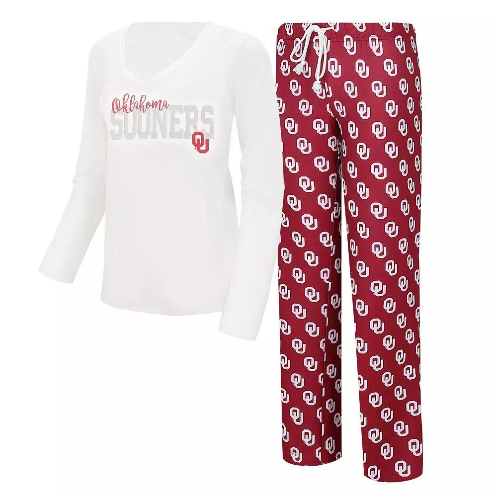 Women's Concepts Sport  White/Crimson Oklahoma Sooners Long Sleeve V-Neck T-Shirt & Gauge Pants Sleep Set, Size: XL Product Image