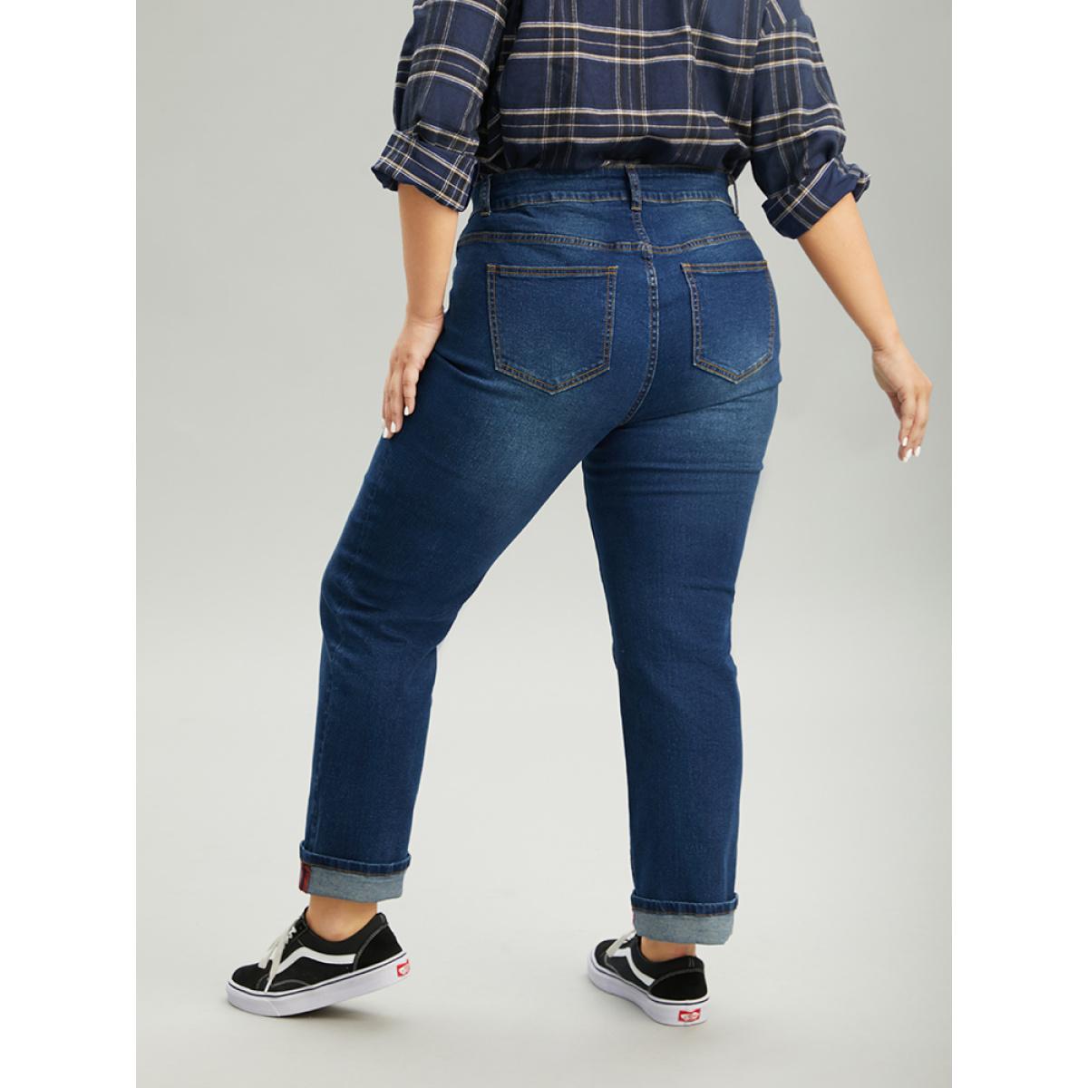 Plus Size Straight Leg Zipper Roll Hem Dark Wash Jeans Women DarkBlue Casual Plain Plain High stretch Pocket Jeans BloomChic 16/1X Product Image