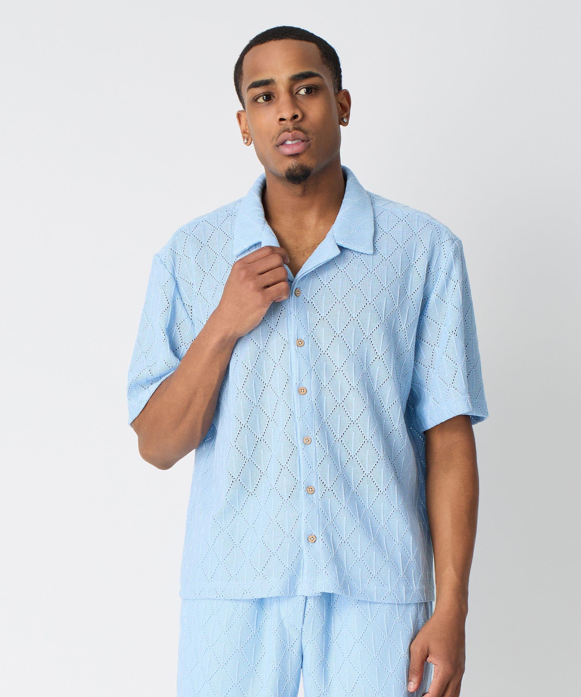 Diamond Plate Towel Color Blocked Short Sleeve Button Down Shirt - Light Blue Product Image