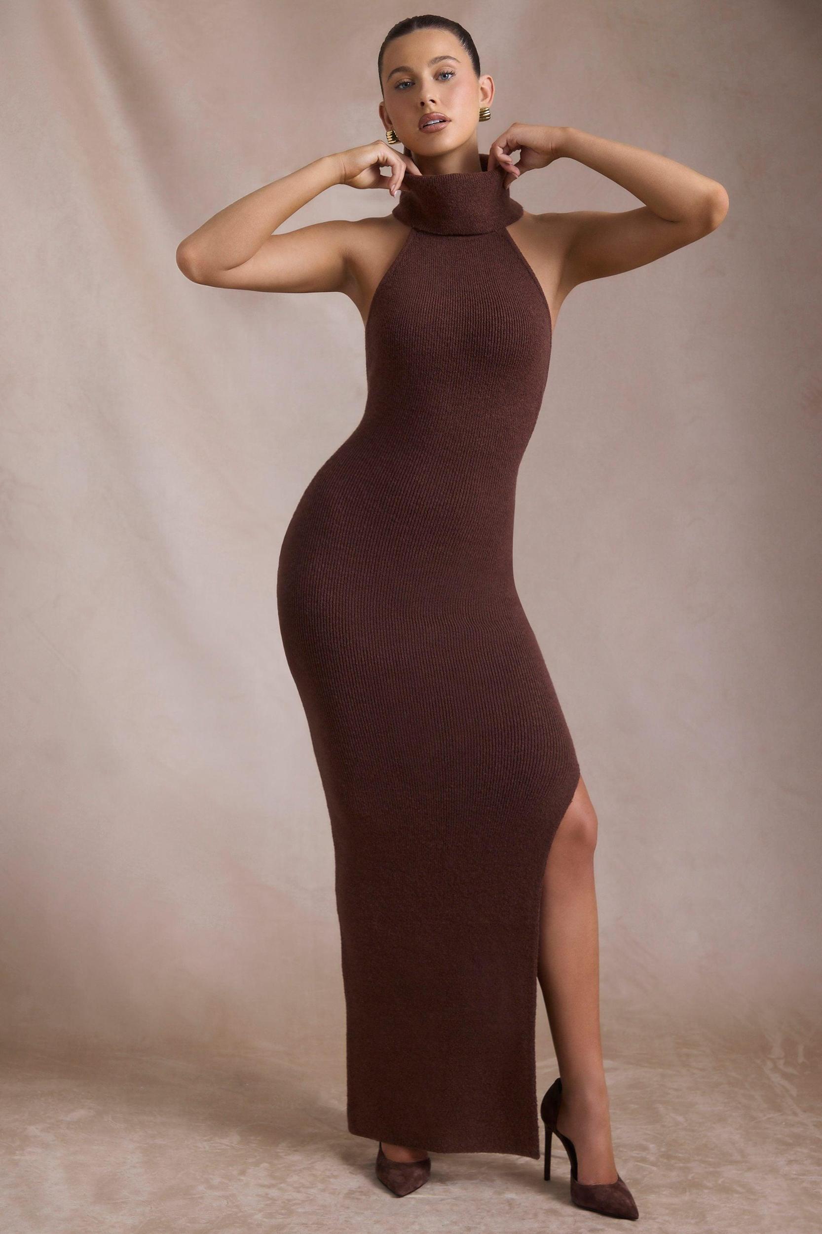 Ribbed-Knit Turtleneck Backless Maxi Dress in Espresso Product Image