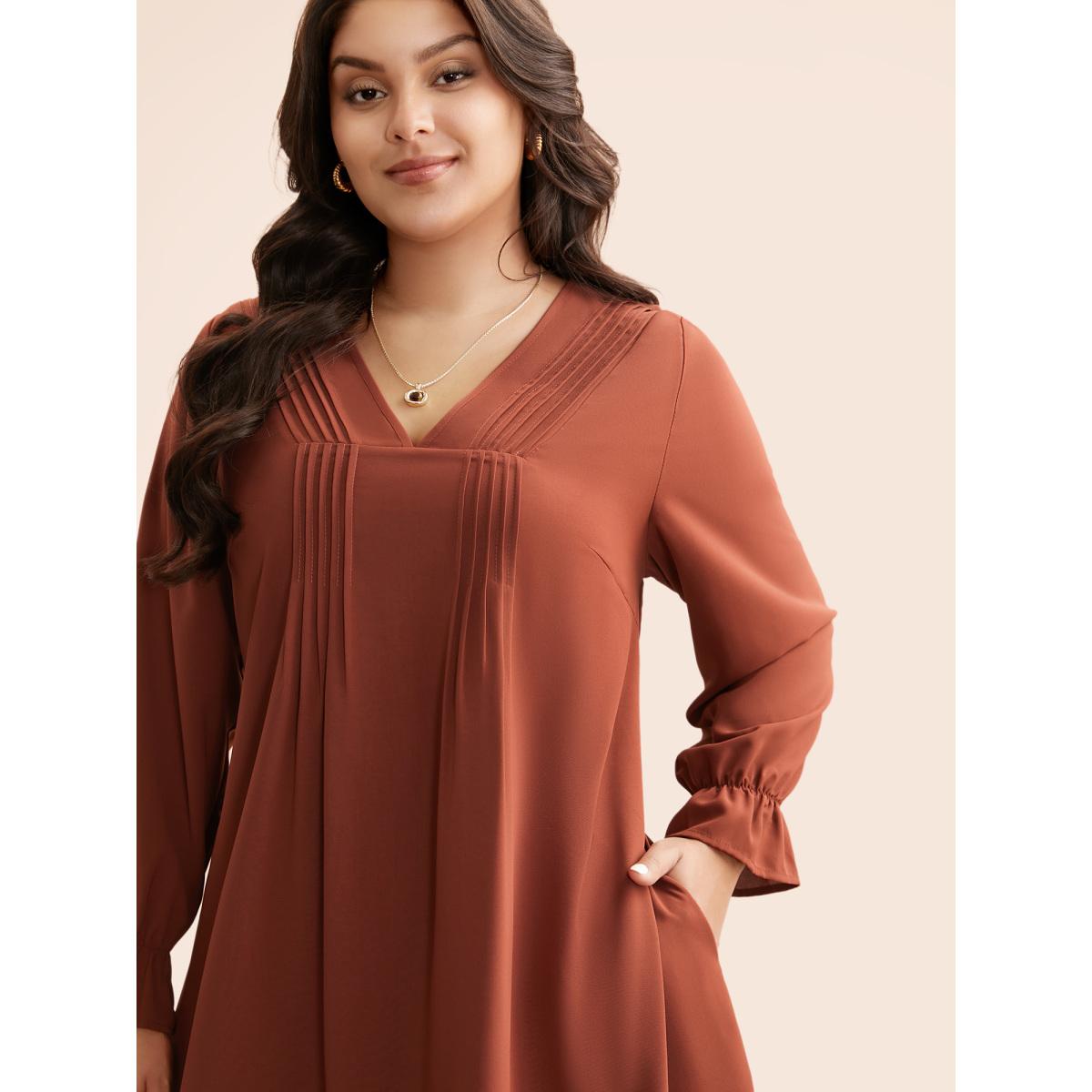Plus Size V Neck Pleated Lantern Sleeve Dress Rust Women At the Office Tucked seam V-neck Long Sleeve Curvy BloomChic 30/6X Product Image
