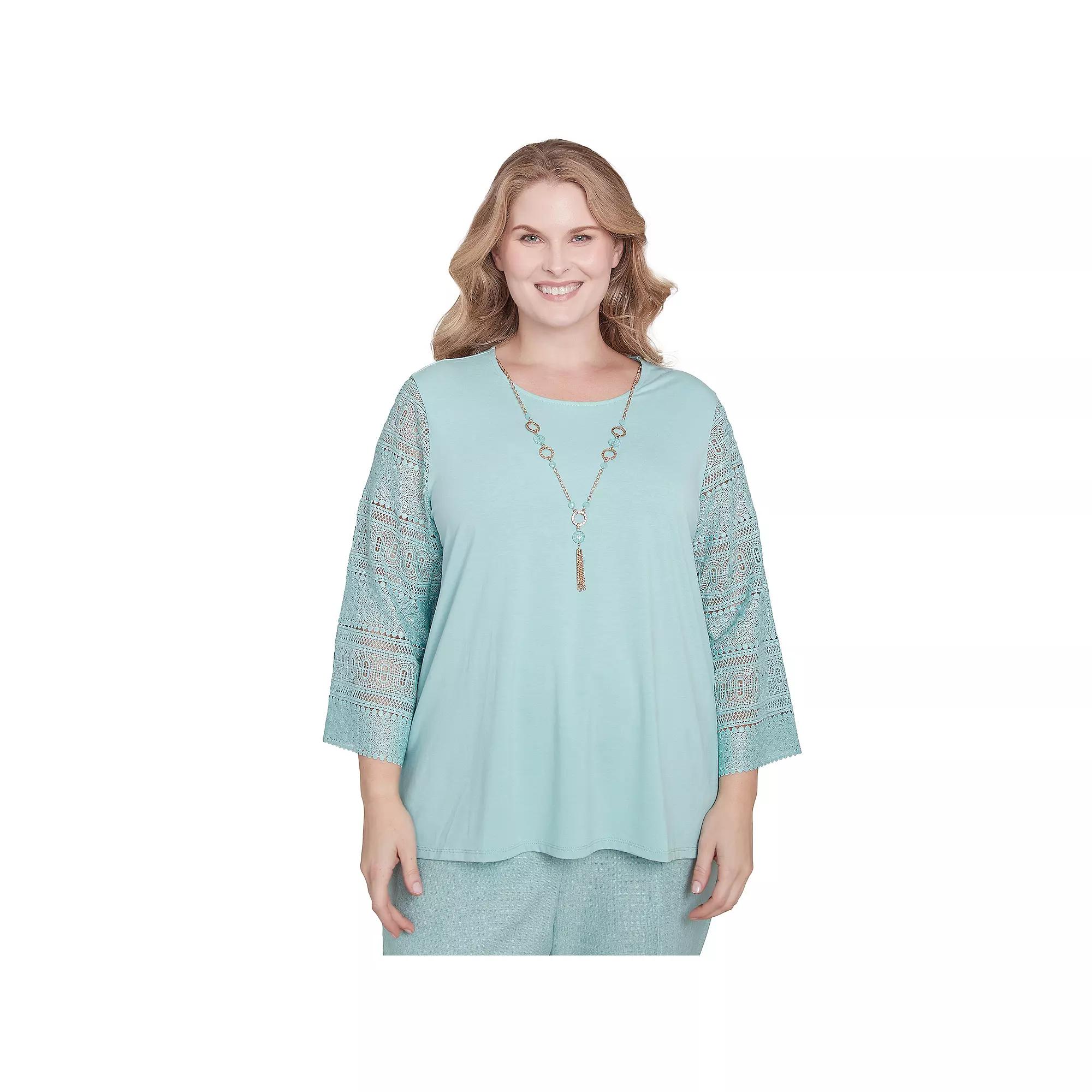 Plus Size Alfred Dunner Solid Lace Sleeve Knit Top with Necklace, Women's, Size: 2XL, Green Product Image