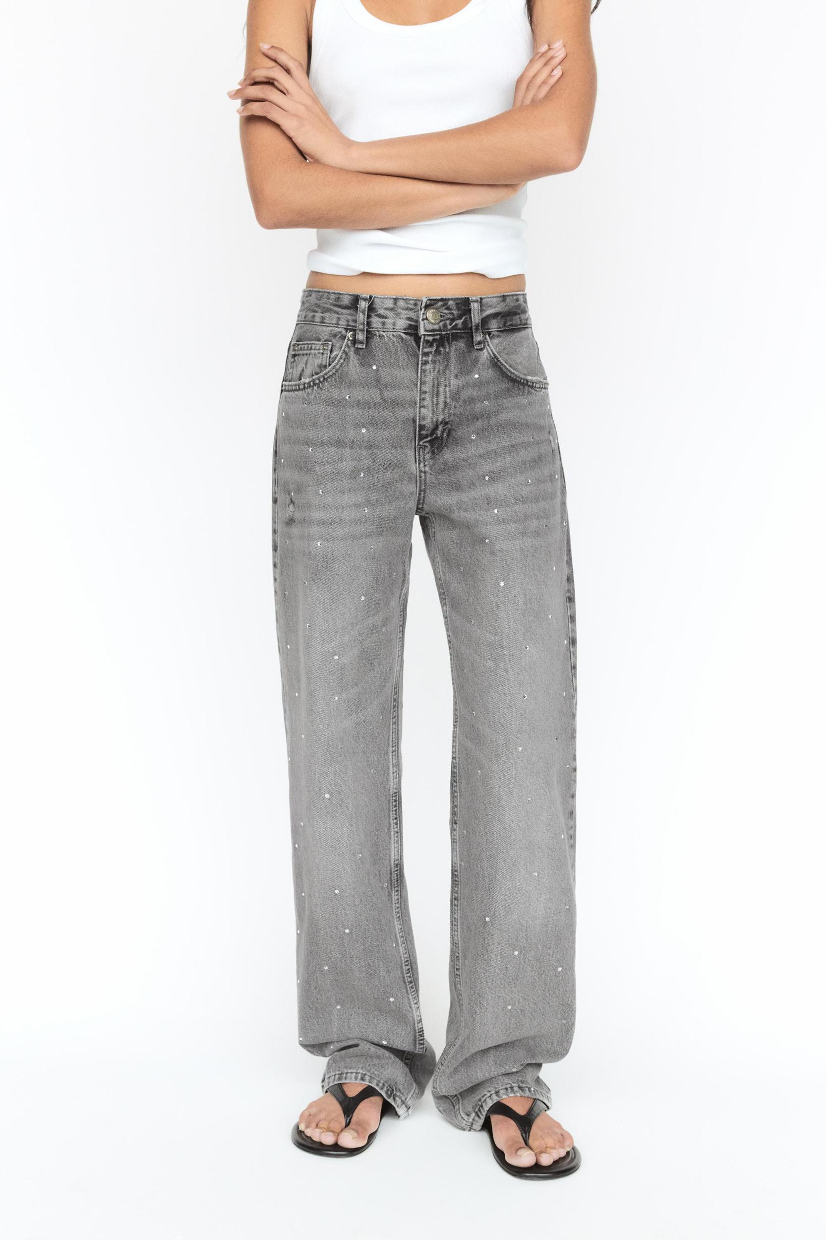 Straight-leg baggy jeans with rhinestones Product Image