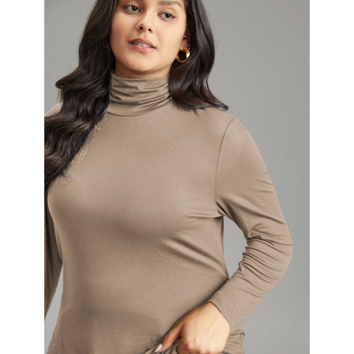 Plus Size Supersoft Essentials Solid Funnel Neck Knit T-shirt LightBrown Women Elegant Plain Plain Ruffled collar Bodycon Dailywear T-shirts BloomChic 26/4X Product Image