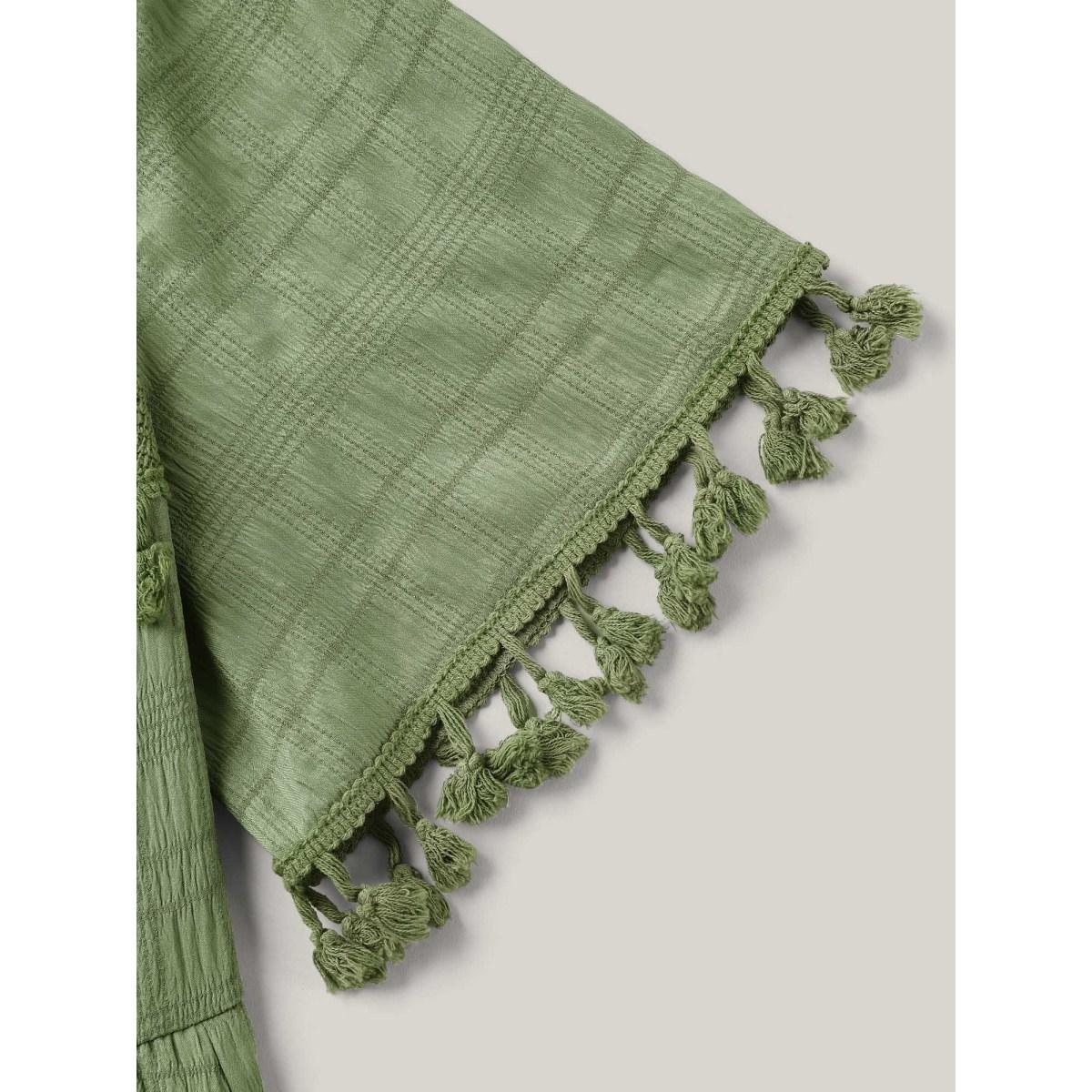 Plus Size Lace Neck-Tie Pockets Tiered Midi Dress Greenbean Women Resort Woven ribbon&lace trim Round Neck Short sleeve Curvy BloomChic 14-16/1X Product Image