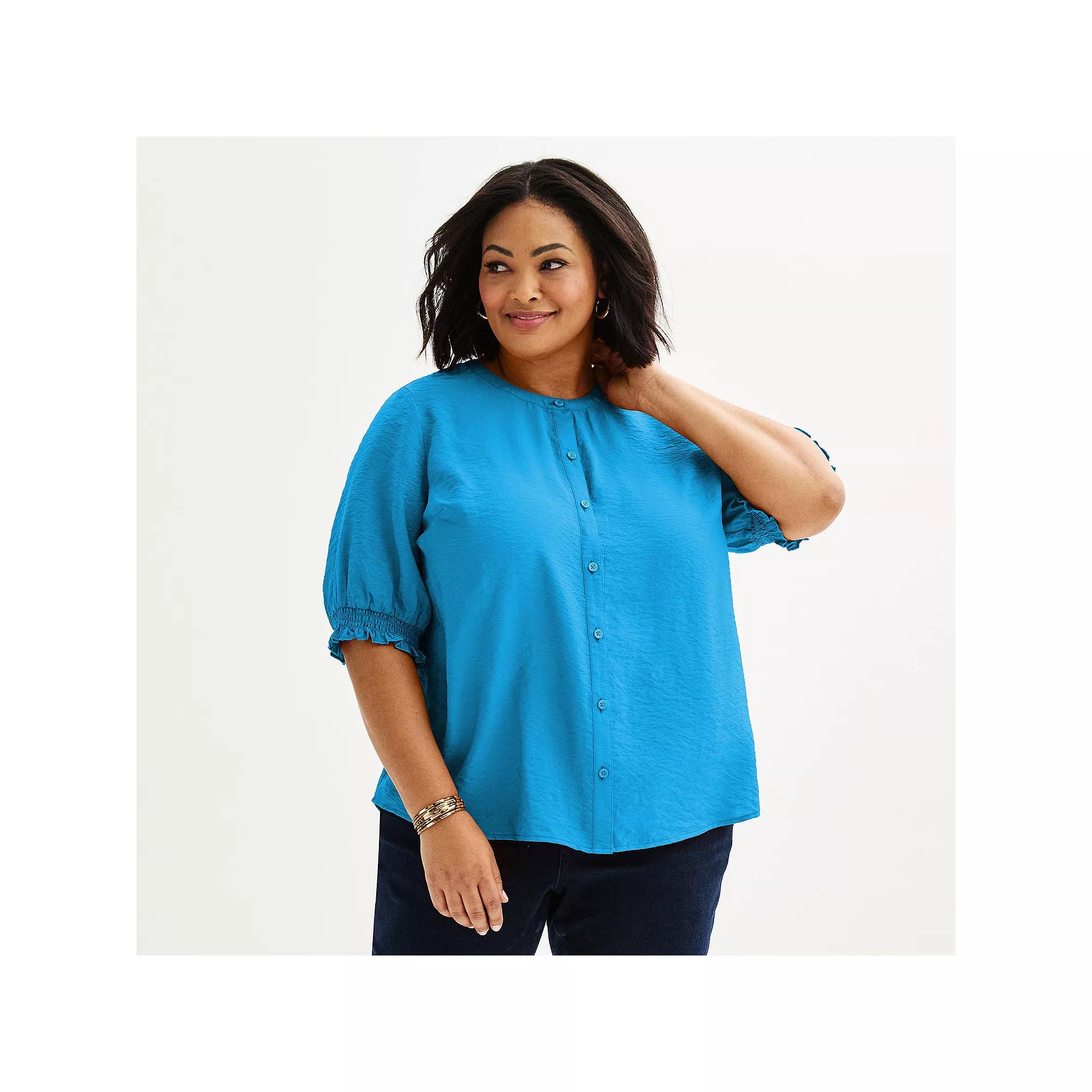 Plus Size Croft & Barrow® Woven Split Neck Top, Women's, Size: 3XL, Fresh Blue Product Image