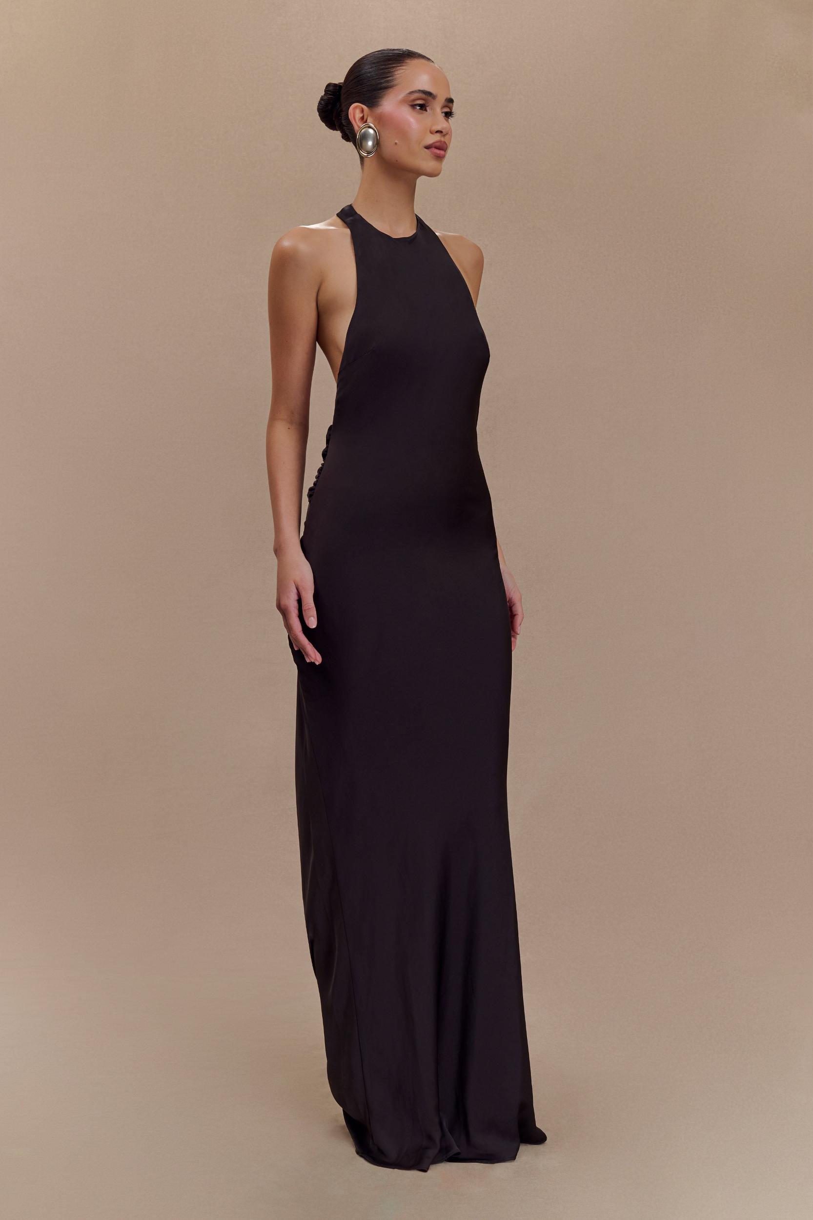 Rinna Satin Halter Maxi Dress - Black Product Image