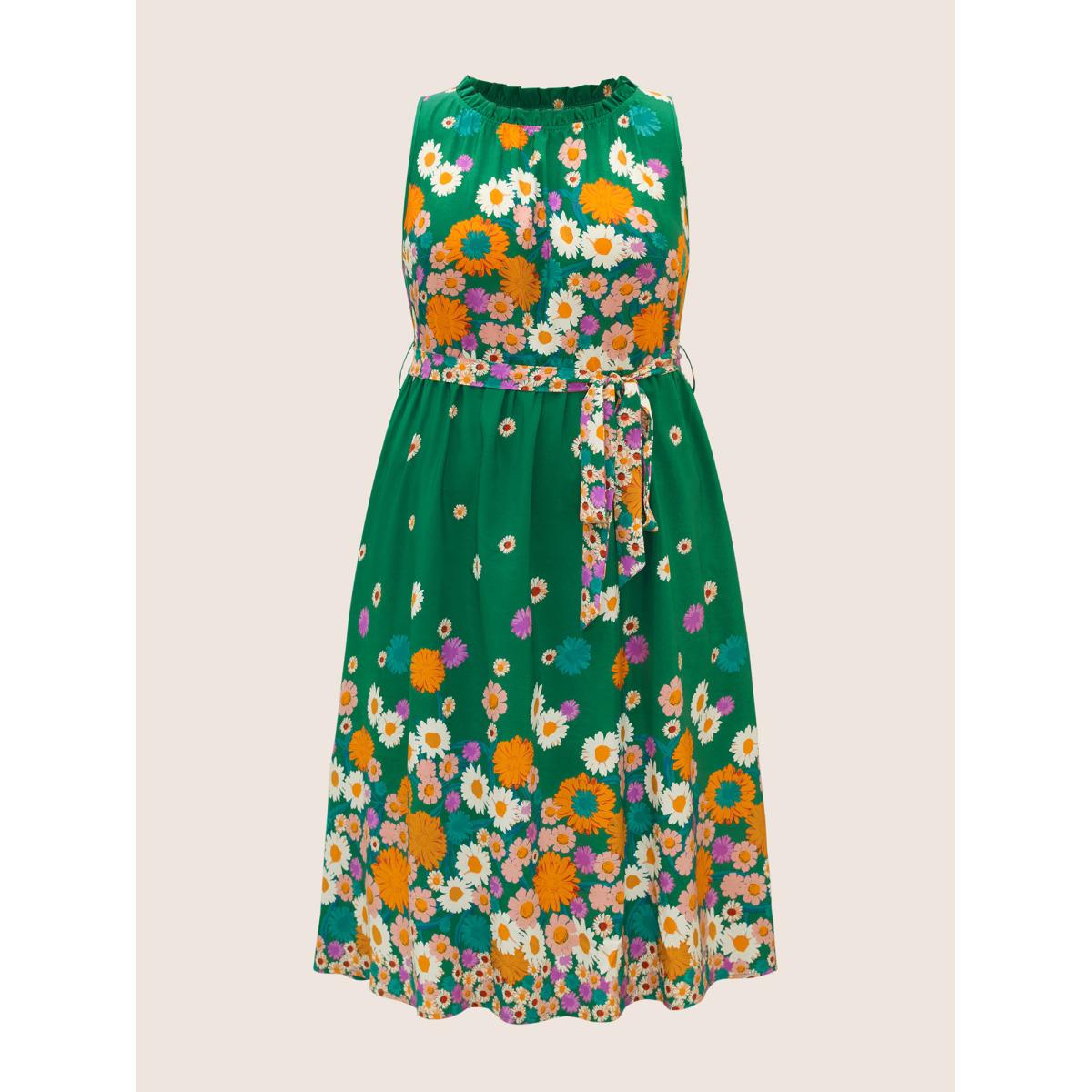 Plus Size Boho Print Frill Trim Sleeveless Midi Dress Truegreen Women Elegant Gathered Round Neck Sleeveless Curvy BloomChic 12/L Product Image